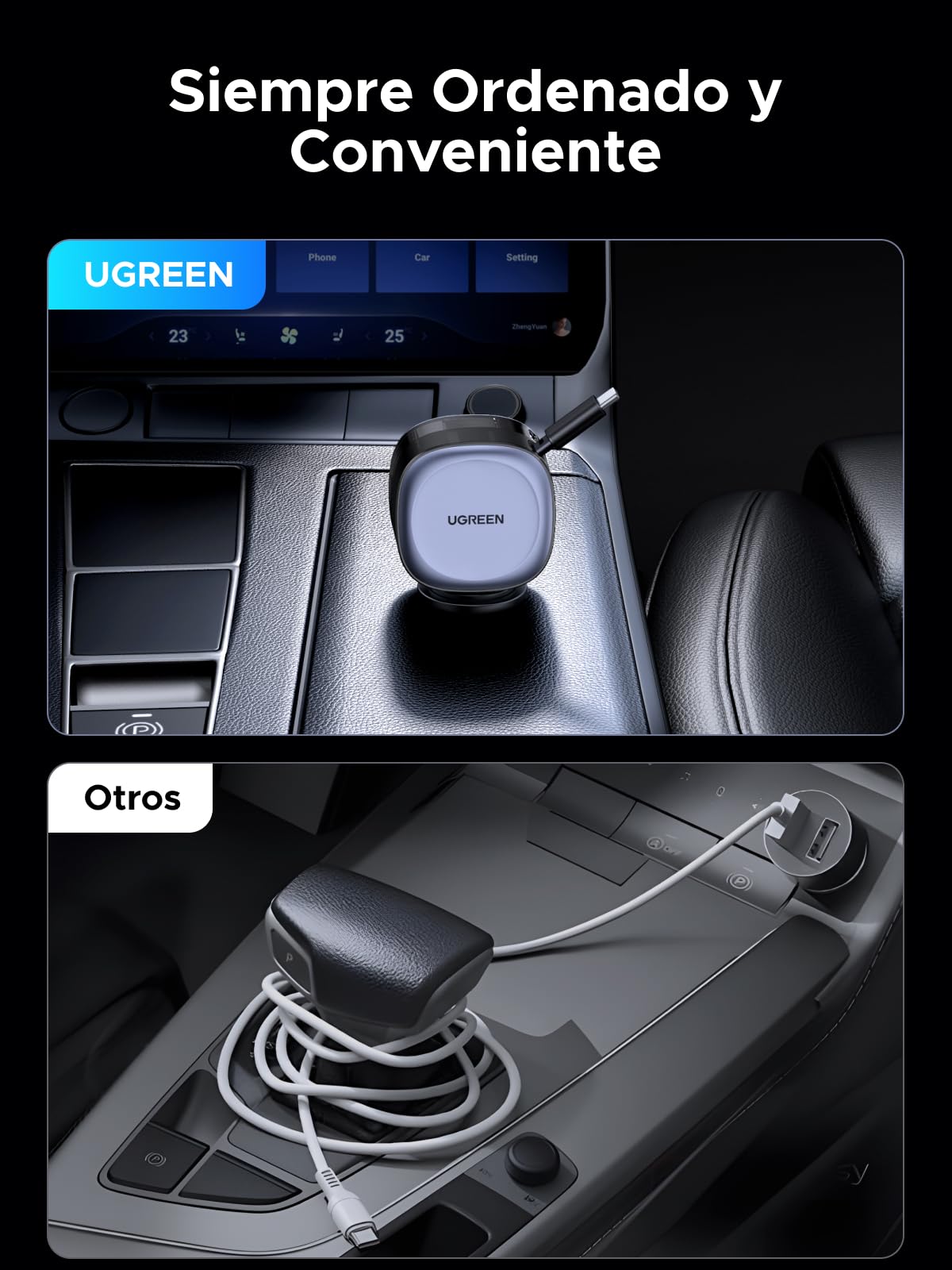 UGREEN 75W Cargador para Auto Retráctil USB C, 3 en 1 Adaptador de Coche con 60W Cable Tipo C Carga Rápida Compatible con iPhone 16 Pro MAX 15 14, Pixel 9 8 7, Galaxy S25 Ultra S24 S23, iPad