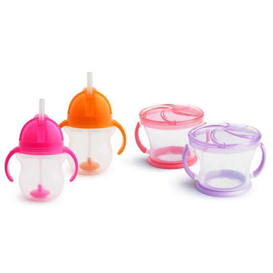 Munchkin Happy Snacker Snack Catcher & Sippy Cup Set, 4 Pack, Pink/Purple/Orange