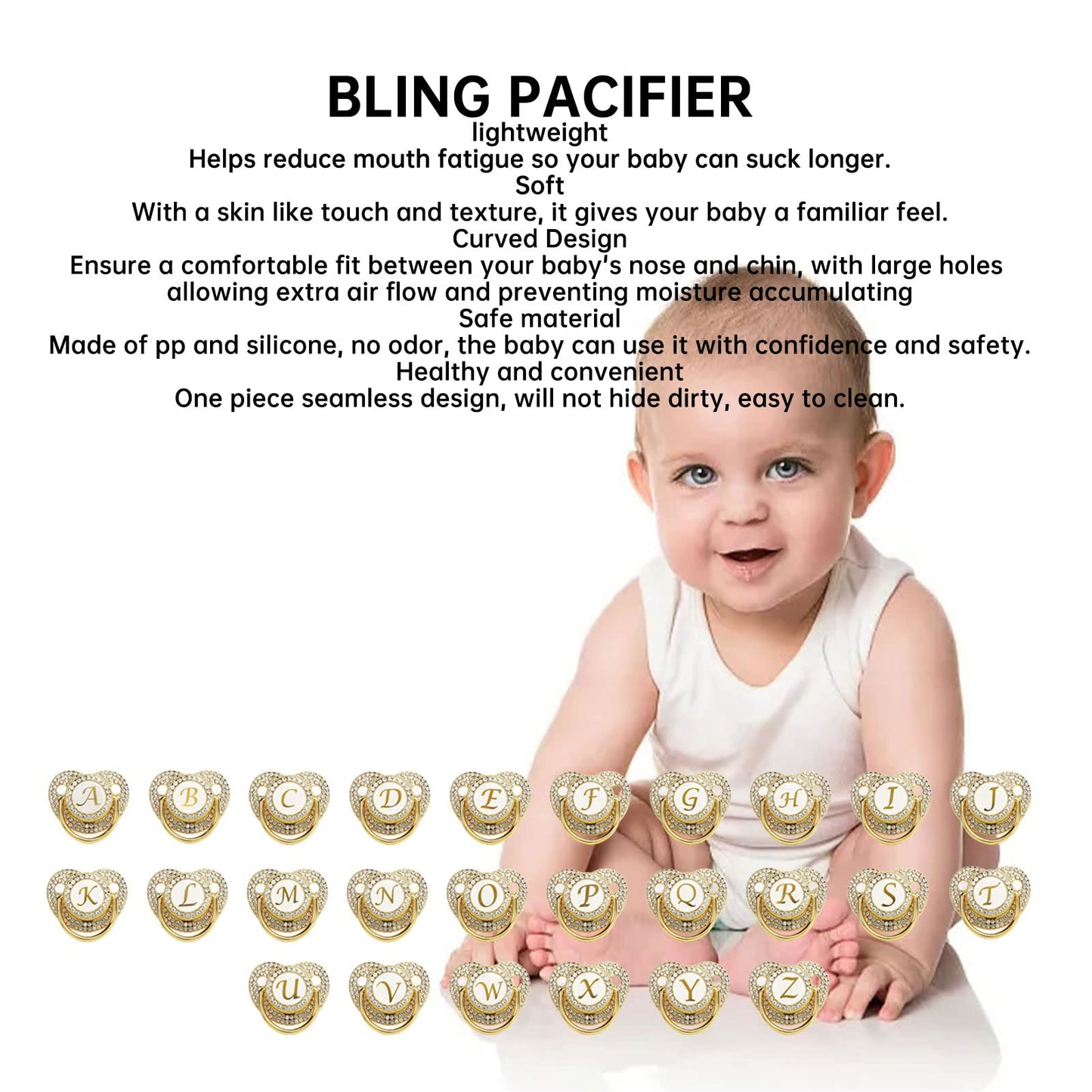 Juego Chupete Personalizado Silicona Dorado con Clip y Cubierta Antipolvo para Recién Nacido Letra E