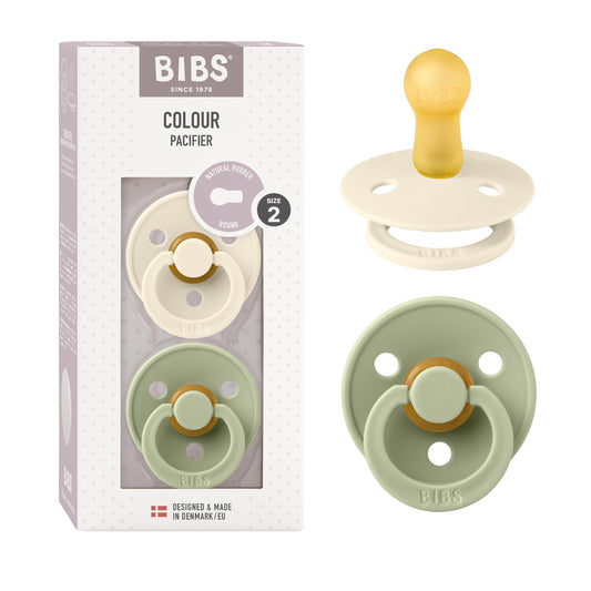 BIBS Chupones Colour Pack de 2, Tetina redonda de látex natural, Talle 2, Color Ivory/Sage, 6 a 18 meses, Hecho en Dinamarca