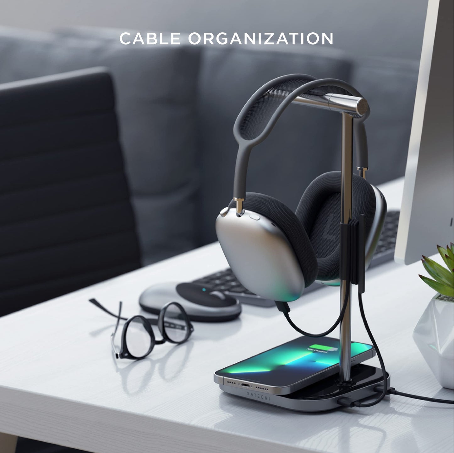Soporte para Auriculares SATECHI Gris con Carga Inalámbrica y USB Tipo-C Compatible con iPhone y Dispositivos Qi