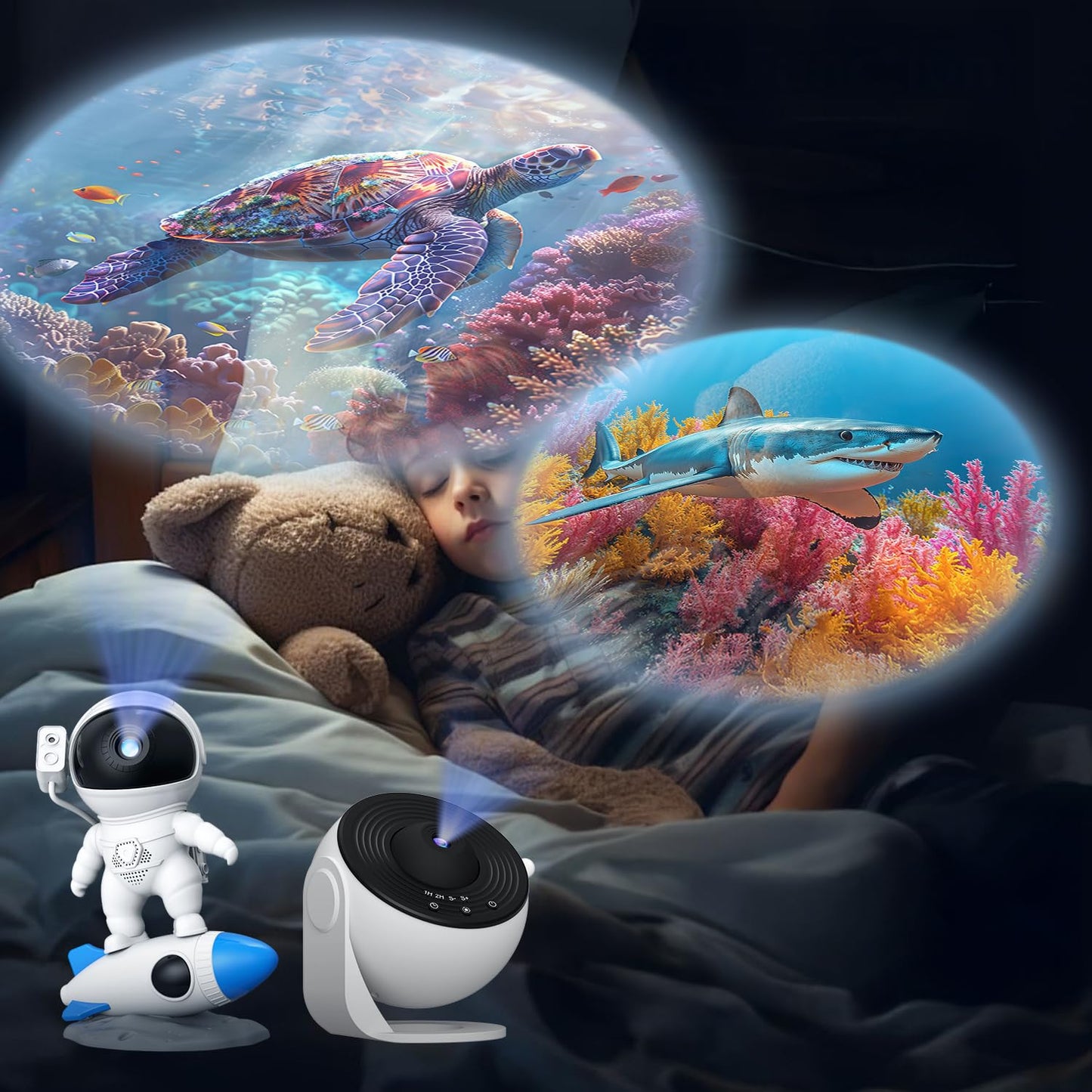 Disco proyector Galaxy, disco proyector con versión oceánica, 6 discos HD Galaxy reemplazables en 4K, proyector de luz nocturna, lámpara de cielo estrellado, para recámara de niños, regalos de