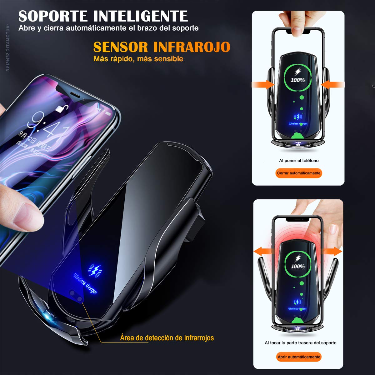 DQST Cargador de Coche Inalámbrico, Soporte de Teléfono para Coche, Soporte Cargador 2 en 1, Sujeción Automática, Soporte de Ventilación para Todos Teléfonos Móviles con Función de Carga Inalámbrica