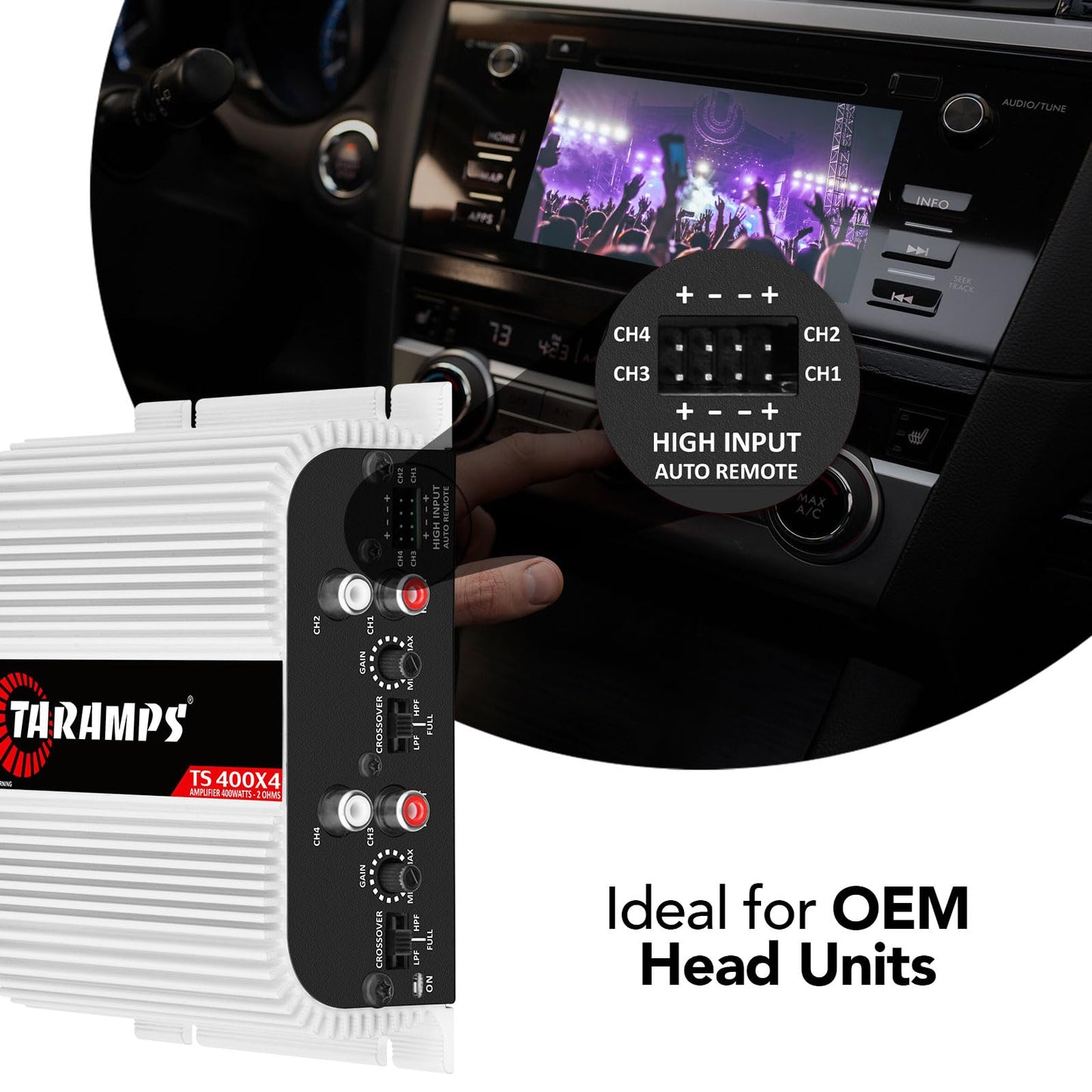 Amplificador de Audio para Coche Taramps TS 400x4 Negro con Entrada Automática de Alto Nivel 400 Vatios RMS 4 Canales Clase D Multicanal