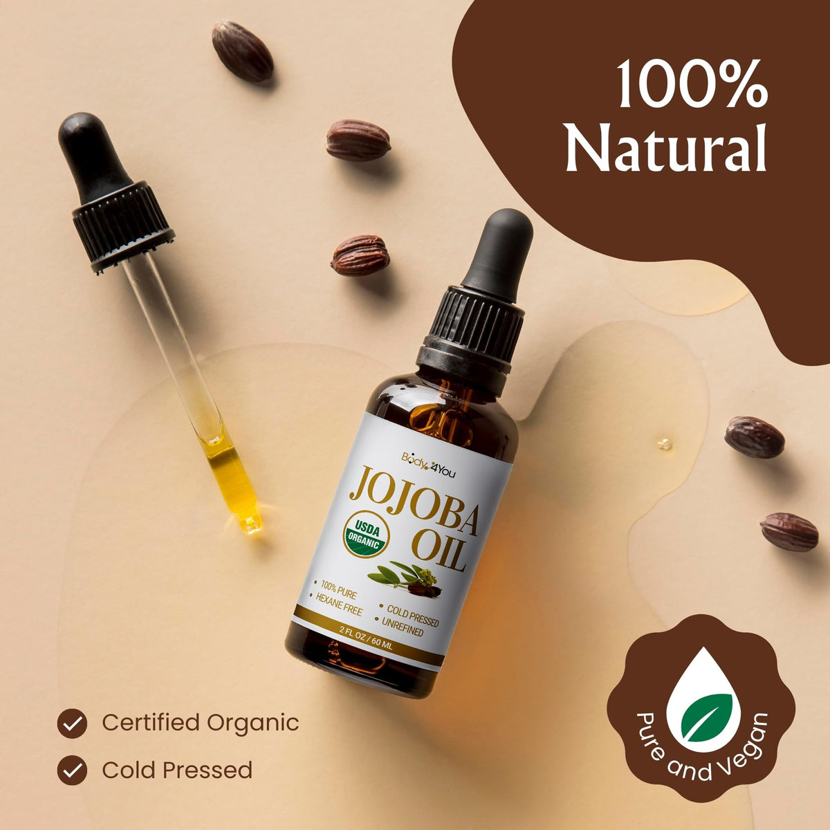 BodyJ4You Jojoba Oil - Organic USDA 100% Pure Natural - Moisturizing Oil Face, Hair, Skin Nails - Cold Pressed, Unrefined, Anti-Aging - Men Women All Skin Types - 2 Fl Oz