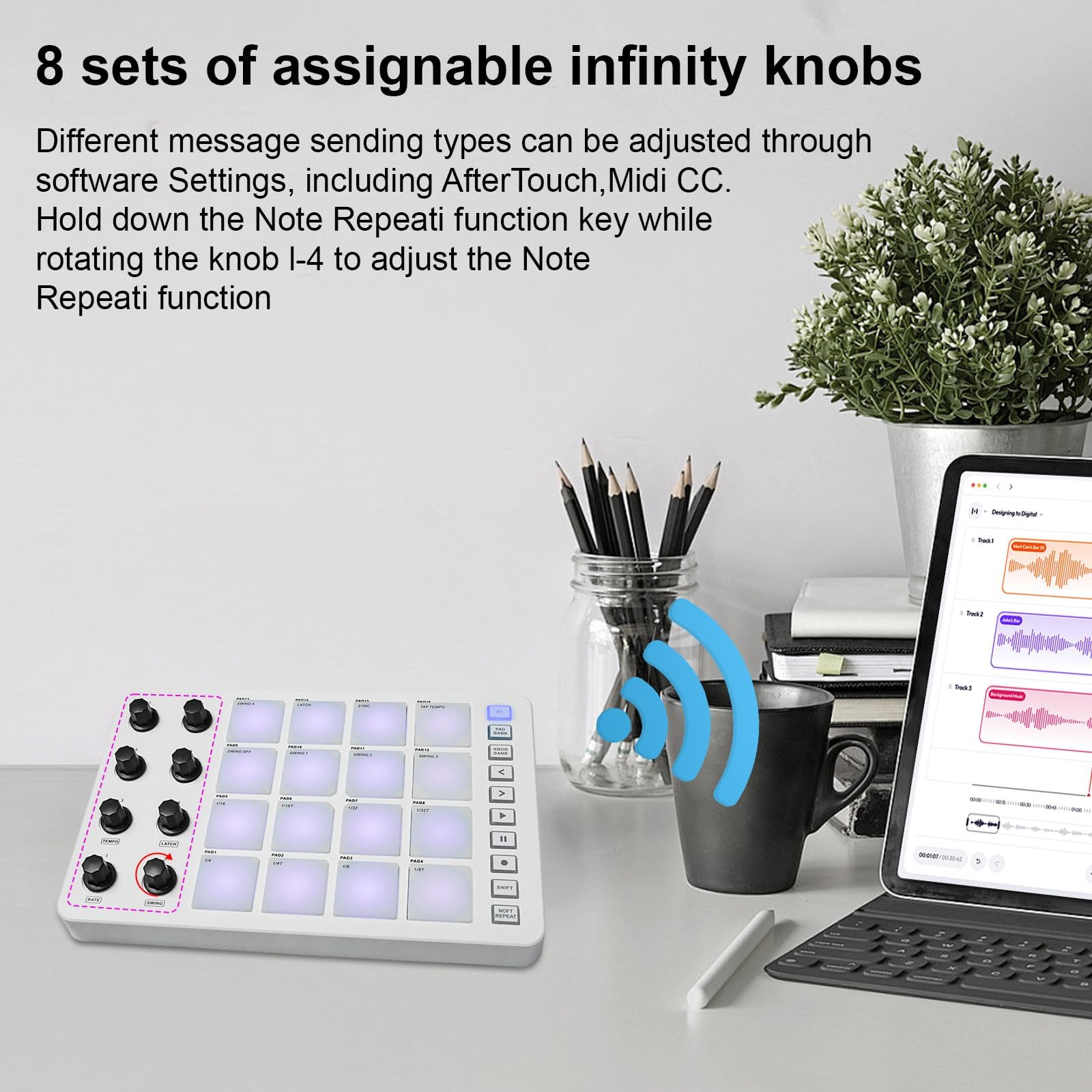 Controlador MIDI Pad Uzelia Negro Creador de Ritmos Portátil con 16 Beat Pads Retroiluminados RGB y 8 Perillas Asignables para Mac, iOS y Android