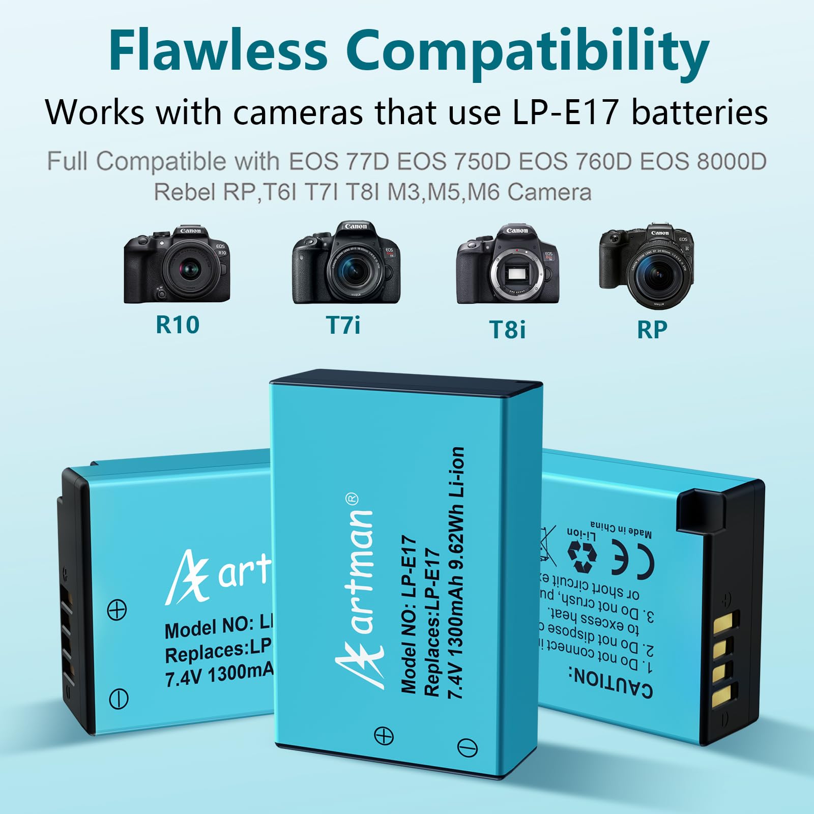 Artman Pack de 3 Baterías LP-E17 1300mAh y Cargador LCD de 3 Canales para Canon EOS RP R10 R8 R50 Rebel T6i T7i T8i T6s SL2 SL3 EOS M3 M5 M6 200D 77D 750D 760D 800D 8000D Kiss X8i Cámara