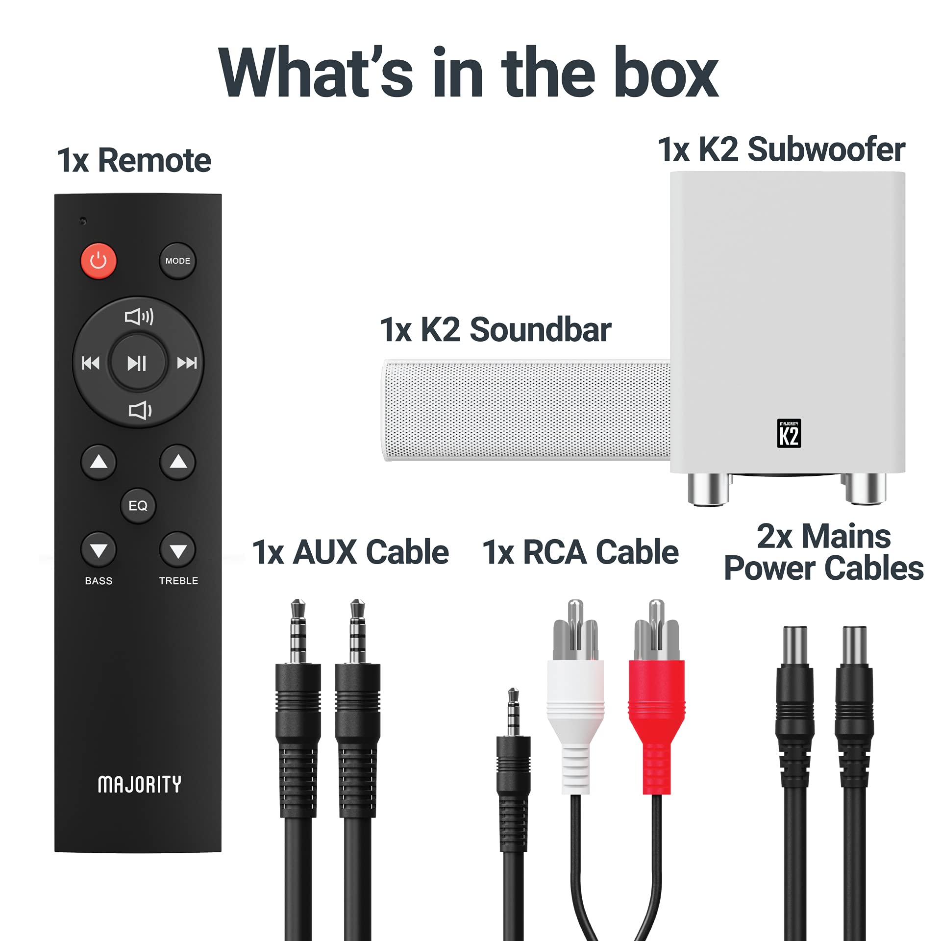 Majority K2 - Barra de sonido con subwoofer | 150 W potente barra de sonido estéreo de 2.1 canales para TV | Sonido envolvente 3D de cine en casa I HDMI ARC, Bluetooth, conexión óptica y RCA I USB y