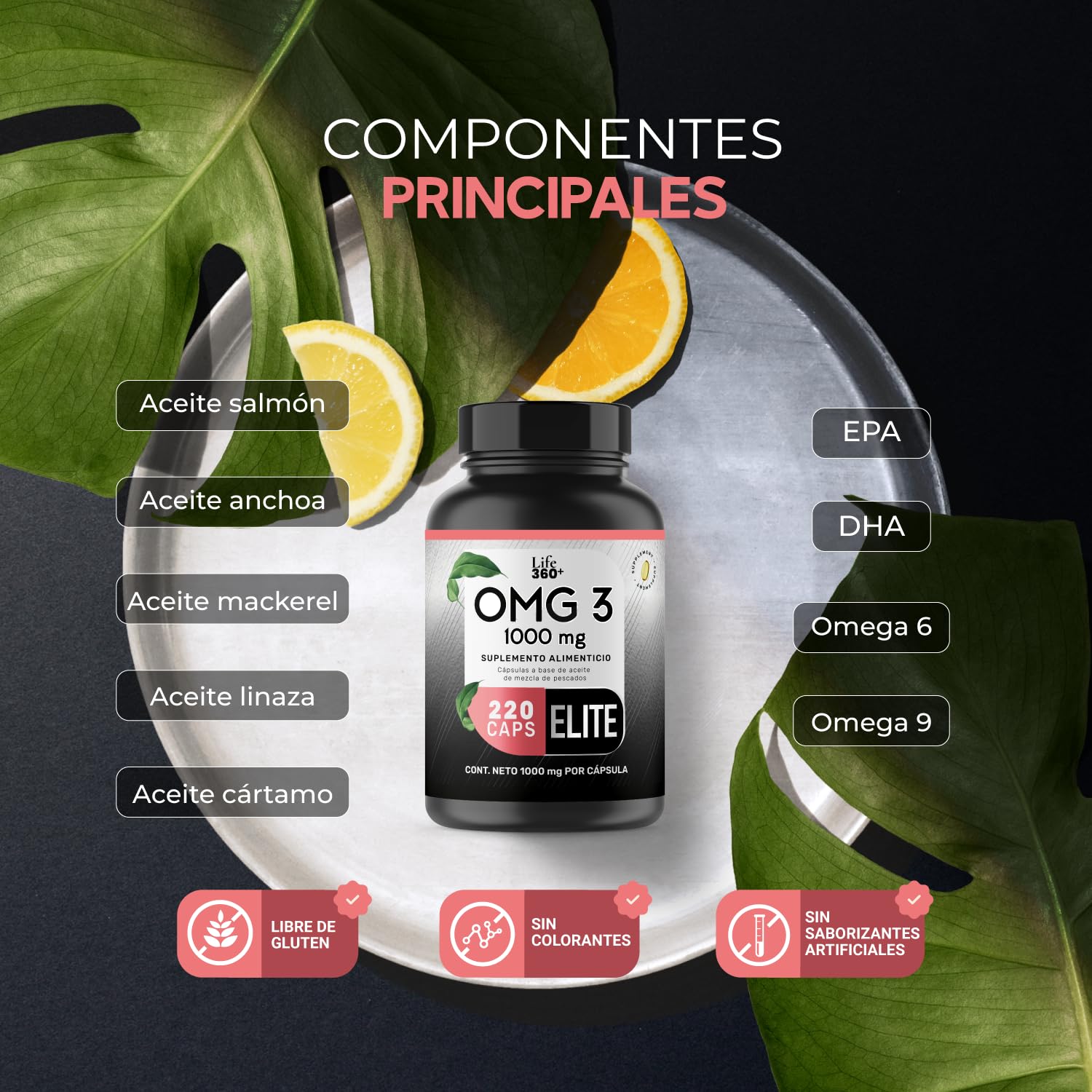 LIFE 360+ Omega 3 Aceite puro de salmón con 1000mg | 220 Cápsulas | Aceite de Salmón, Anchoa, Linaza, Cártamo, Mackerel Alto (con EPA y DHA, Omega 6 y Omega 9) | Suplemento Alimenticio OMG 3 | 220 Cápsulas por Envase