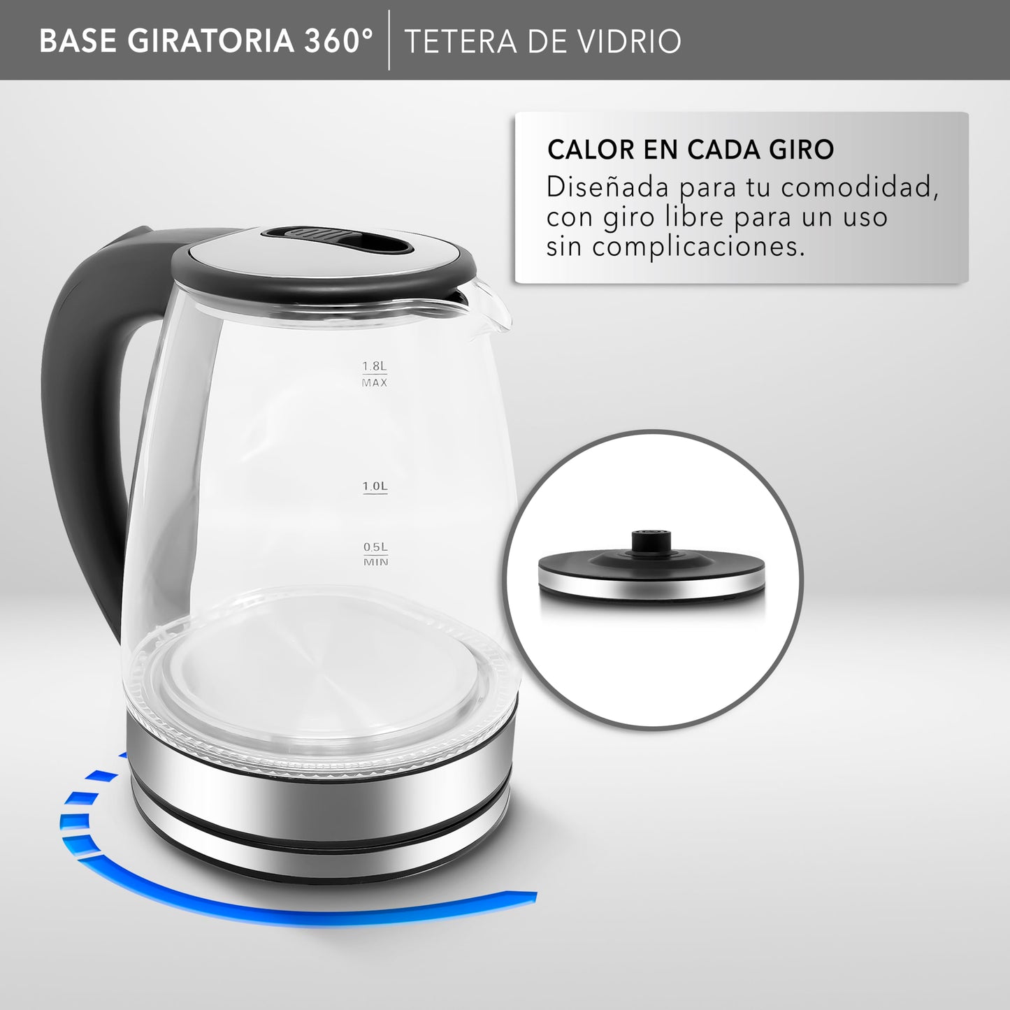 Tetera Eléctrica RCA Vidrio LED 1.8L con Apagado Automático y Protecciones.