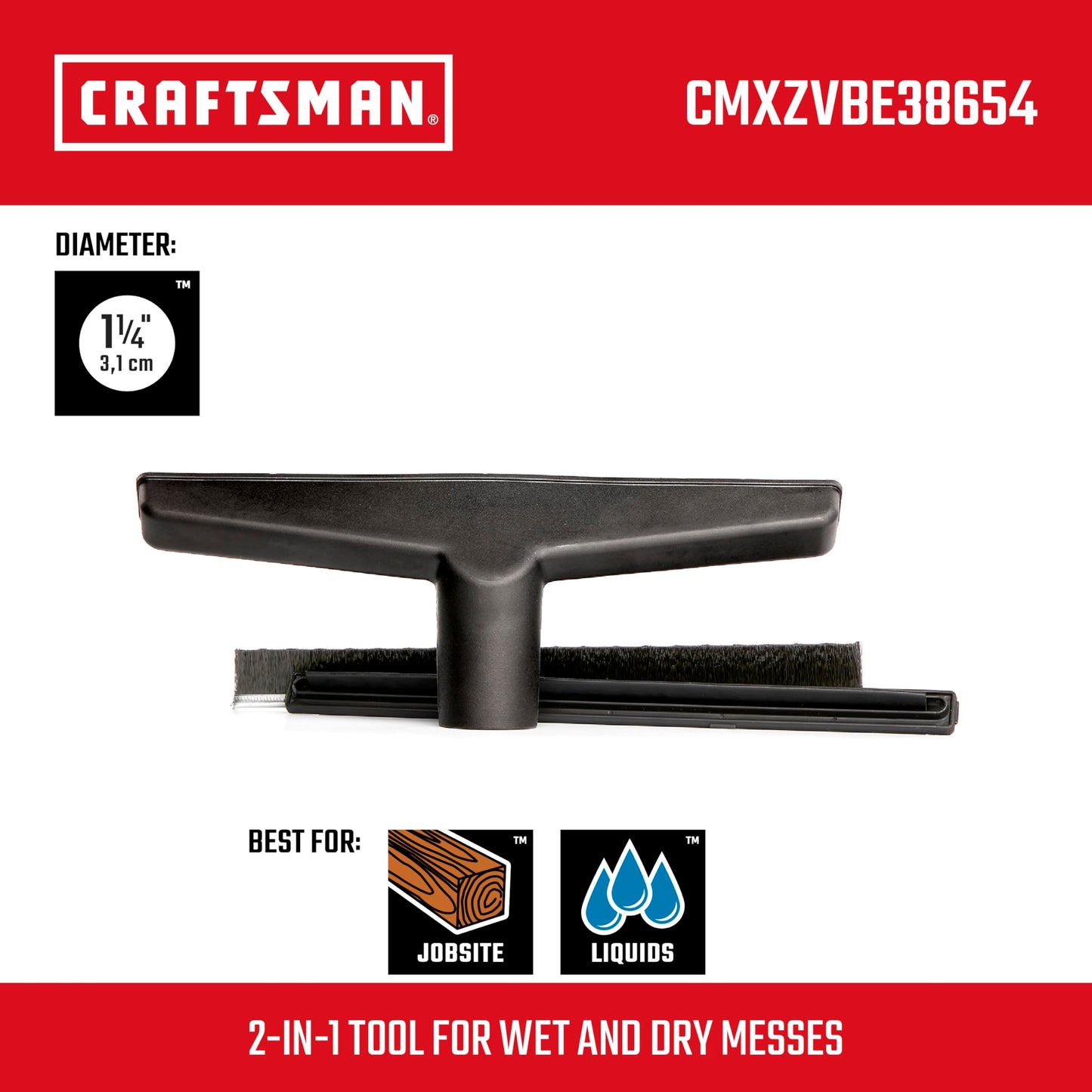 CRAFTSMAN CMXZVBE38654 1-1/4" Boquilla húmeda/cepillo para polvo de piso accesorio de aspiradora seco para aspiradora de grado industrial para limpiar líos líquidos y superficies duras, se adapta a