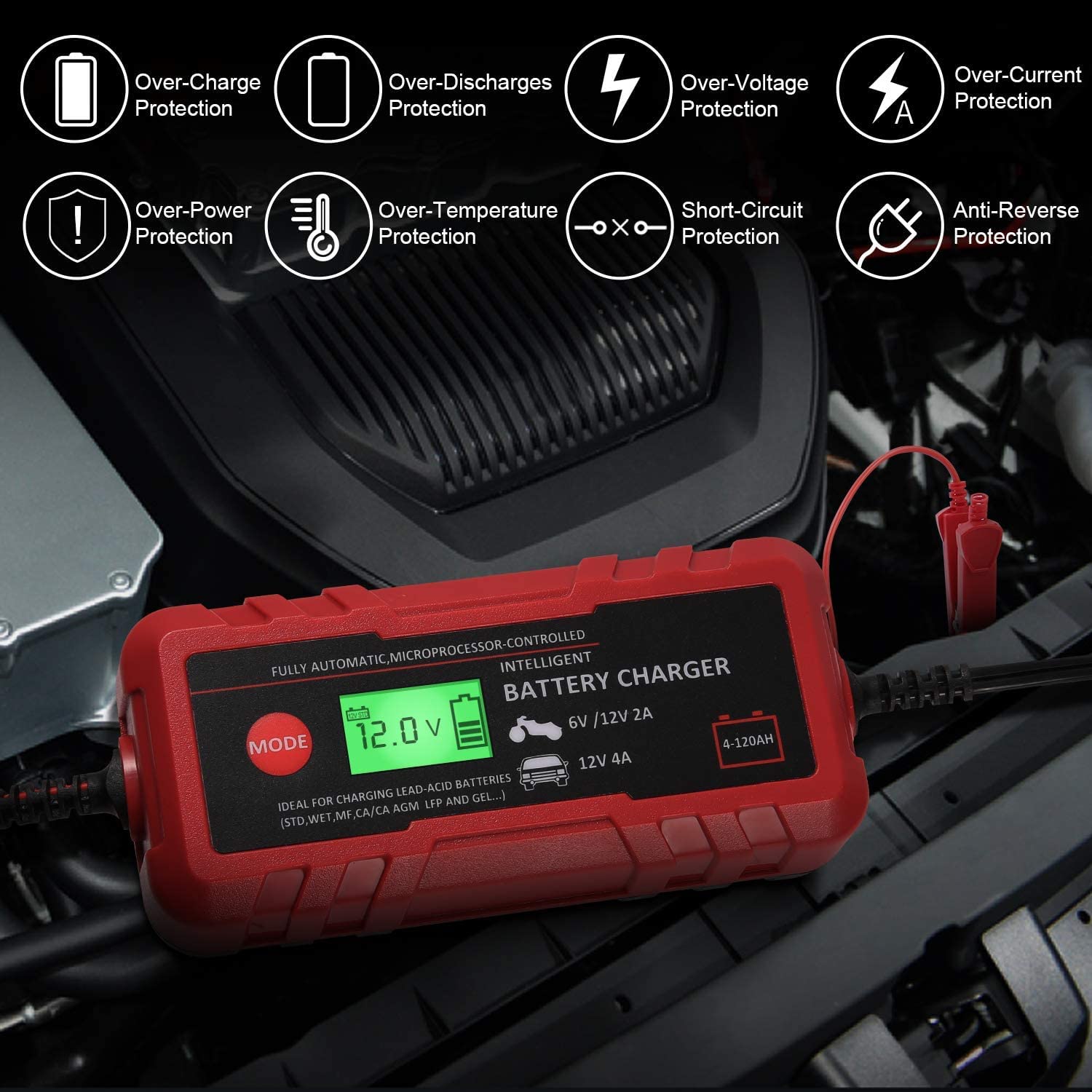 Sailnovo - Cargador de batería inteligente para coche, 6 V, 12 V, cargador de automóvil, totalmente automático, 8 etapas, batería de automóvil, 4 A, cargador de batería inteligente portátil de 6 V, 12