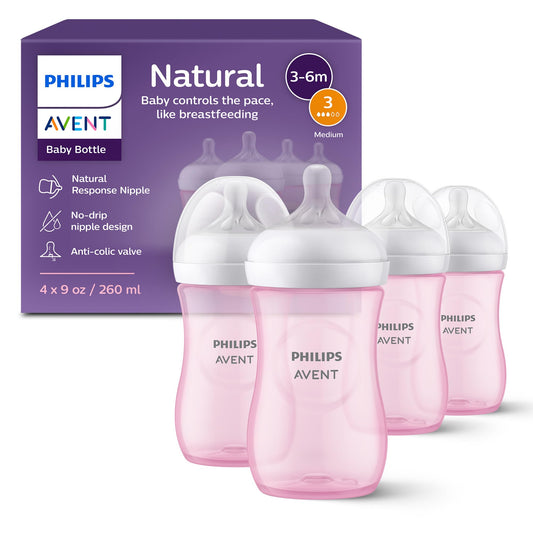Biberón Philips Avent Natural con Válvula Anticólicos Rosa Flujo Medio 9 oz para Bebé