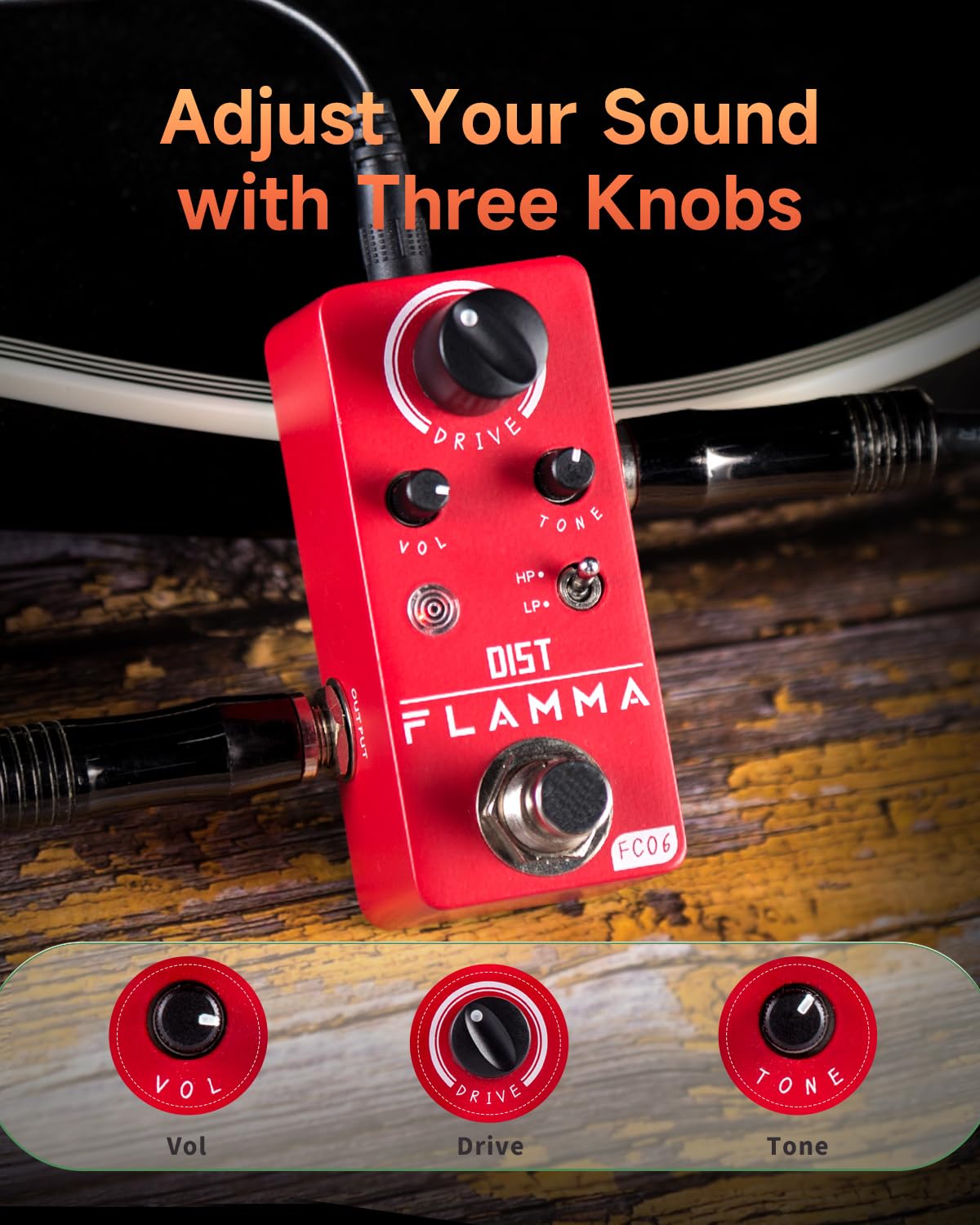 Pedal de Distorsión Flamma FC06 Rojo con Carcasa de Metal y True Bypass