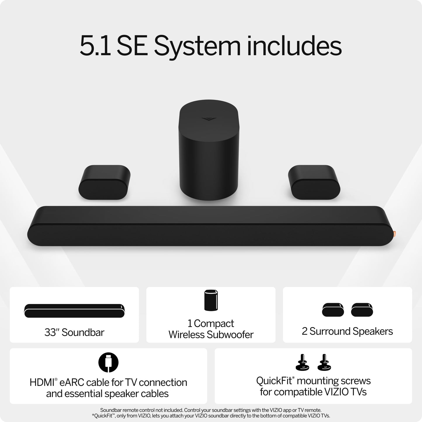 VIZIO 5.1 Soundbar SE, subwoofer inalámbrico, Sonido Envolvente con Dolby Atmos y DTS:X, Altavoz Bluetooth, Compatible con QuickFit™ - SV510X-08 (Nuevo, Modelo 2024)