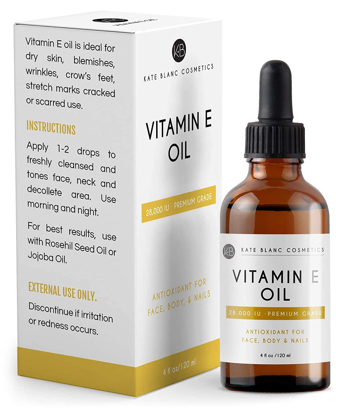 Kate Blanc Cosmetics Aceite de vitamina E, Hidrata la cara y la piel - 4 oz, 120 ml