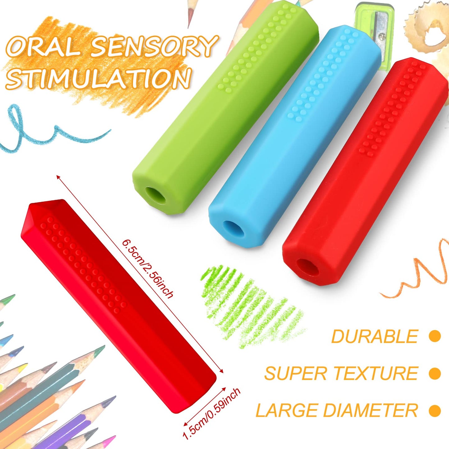Eersida - Juego de 6 piezas de lápices sensoriales masticables para lápices masticables, juguetes sensoriales para niños y niñas, necesidades motoras orales (rojo, azul, verde)