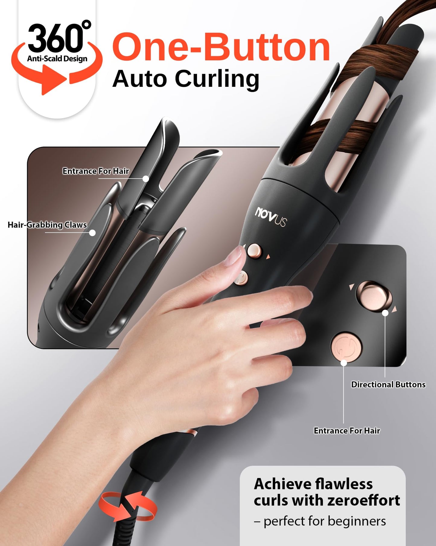 NOVUS Rizador Automático Antiquemaduras, Rizador Giratorio, Rizador De Cerámica, Dirección Ajustable Con Varita De Rizado Automático, Recordatorio De Tiempo, Apagado Automático De 30 Minutos, 3 Ajuste