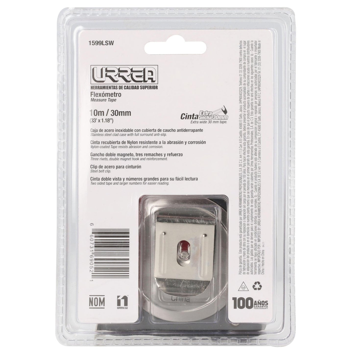 Flexómetro Urrea Acero Inoxidable 10 m x 30 mm