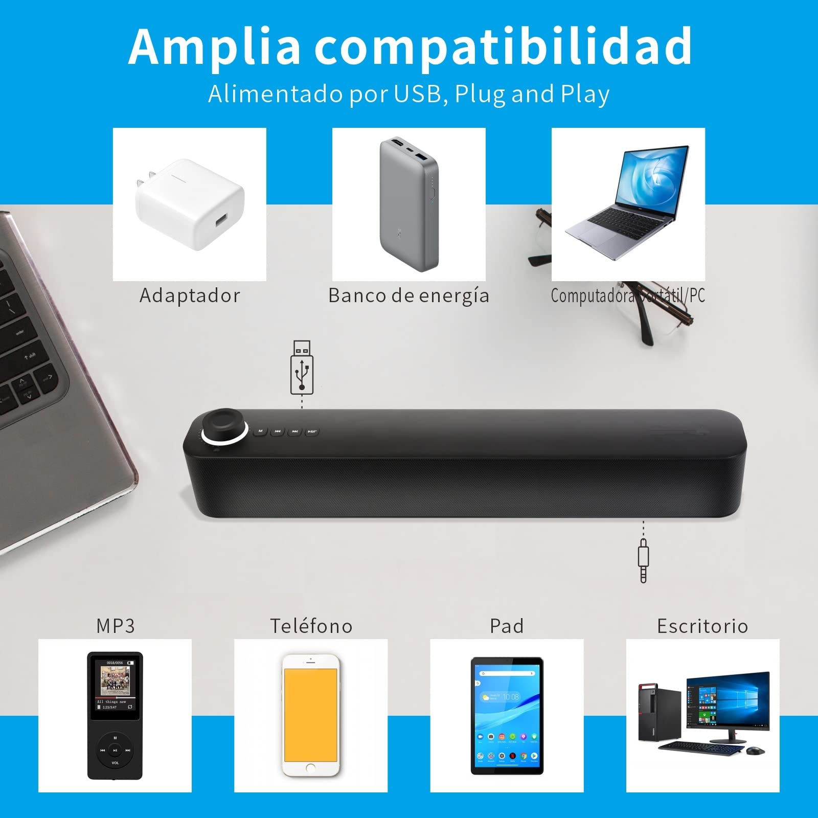 Lirgcuatro Mini Barra de Sonido Estéreo Bluetooth 5.0 Inalámbrico con Subwoofer para TV，Altavoz PC Portátil Llamadas Manos Libres, Altavoces para Cine en Casa, con Audio Micrófono Incorporado(Negro)