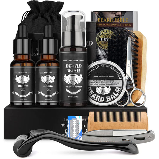 Kit completo de cuidado para barba con crecimiento, accesorios de calidad premium y presentación de lujo - Ideal para regalo para hombres - Incluye aceite, bálsamo, rodillo, shampoo y más - ¡Perfecto para papás!