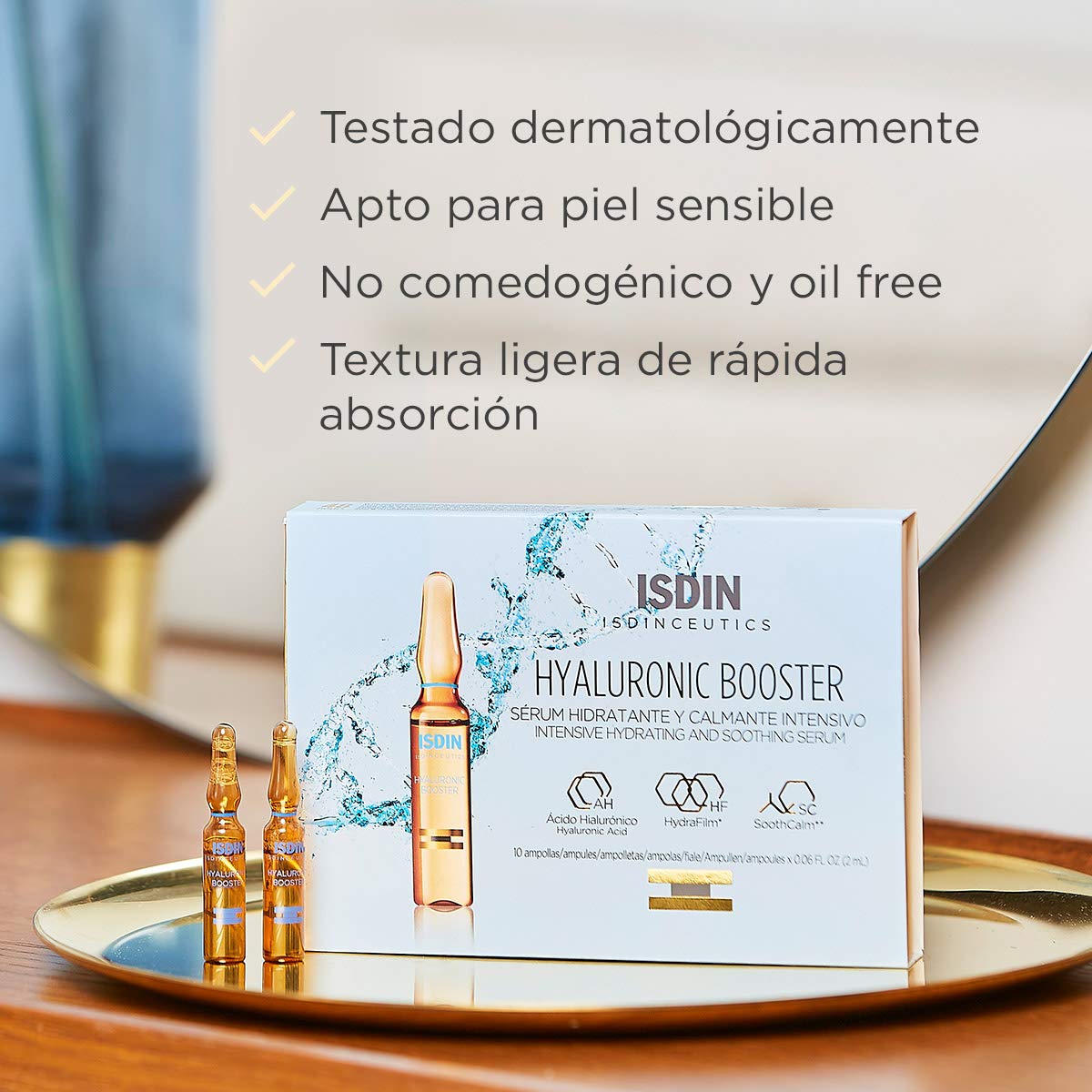 Isdinceutics Hyaluronic Booster, Sérum hidratante y calmante intensivo con ácido hialurónico, 5 ampolletas