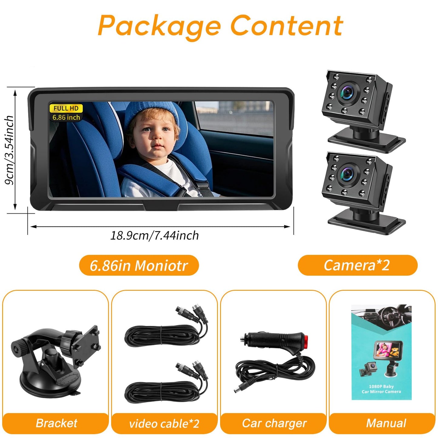 Bebé Coche Espejo, 6.86 Pulgadas Cámara Coche Bebé Asiento Trasero HD 1080P con Visión Nocturna, Ángulo de Visión Amplio de 150°, Espejo de Coches para Bebés con Giratorio 360°, Espejo Retrovisor Auto