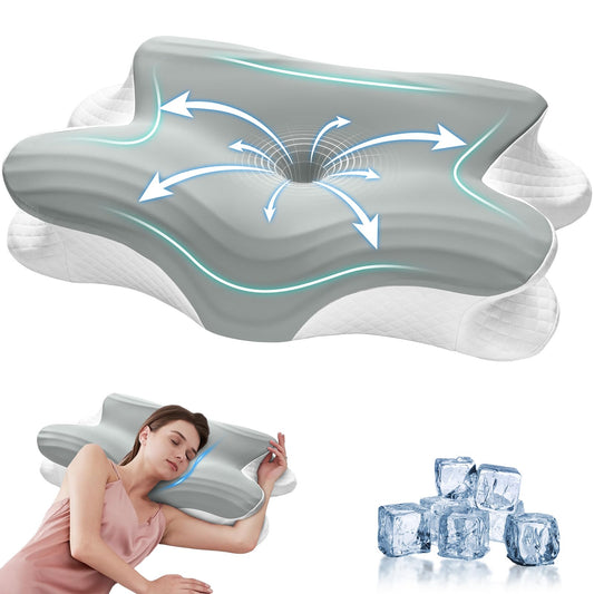 KIROGILY Almohada Cervical, Almohada Memory Foam para Aliviar el Dolor de Cuello, Almohada Ortopédica para Quienes Duermen de Lado, Boca Arriba y Boca Abajo, con Funda de Almohada (Gris)