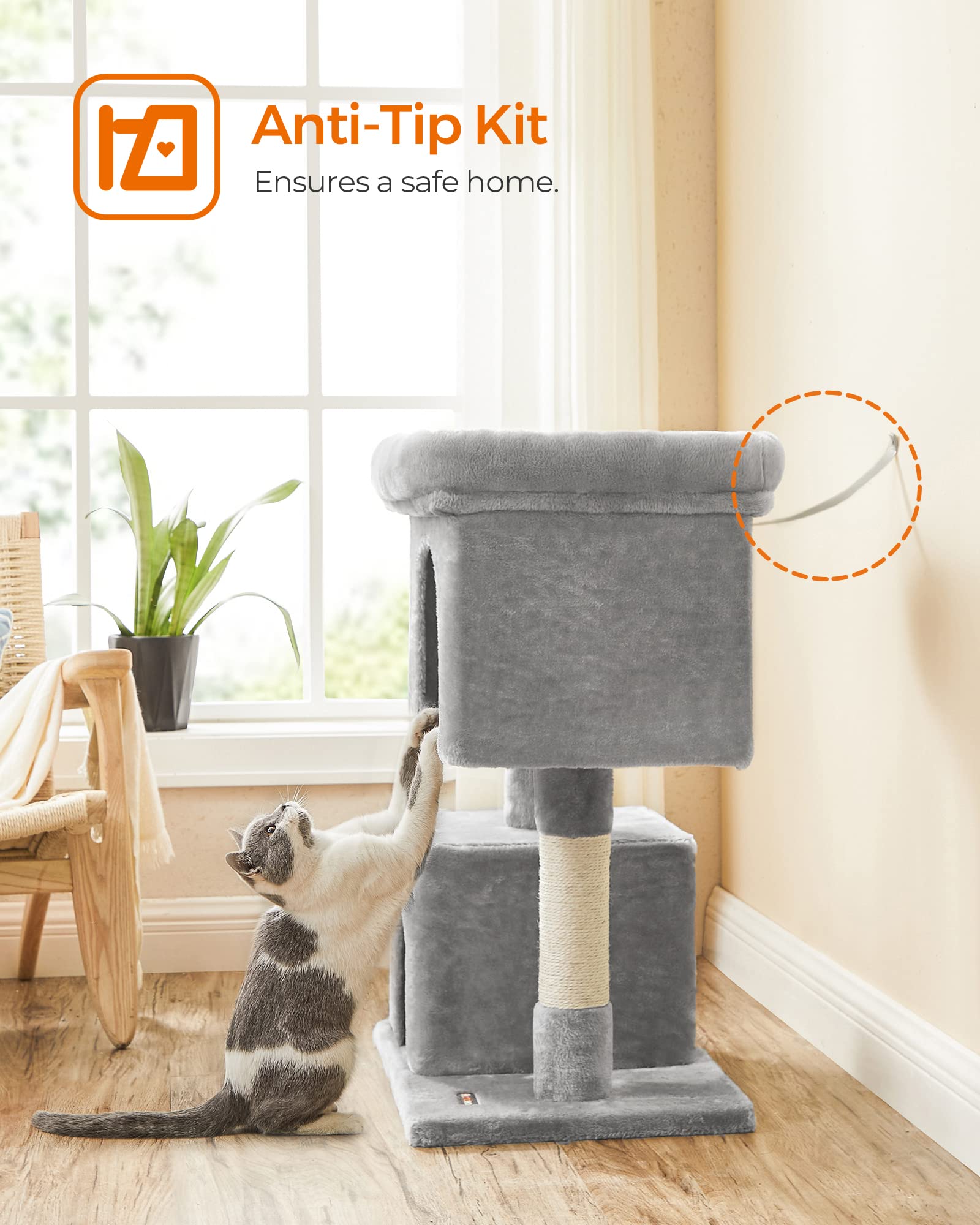 SONGMICS Cat Tree with Sisal-Covered Scratching Posts and 2 Plush Condos Cat Furniture for Kittens Light Gray UPCT61W