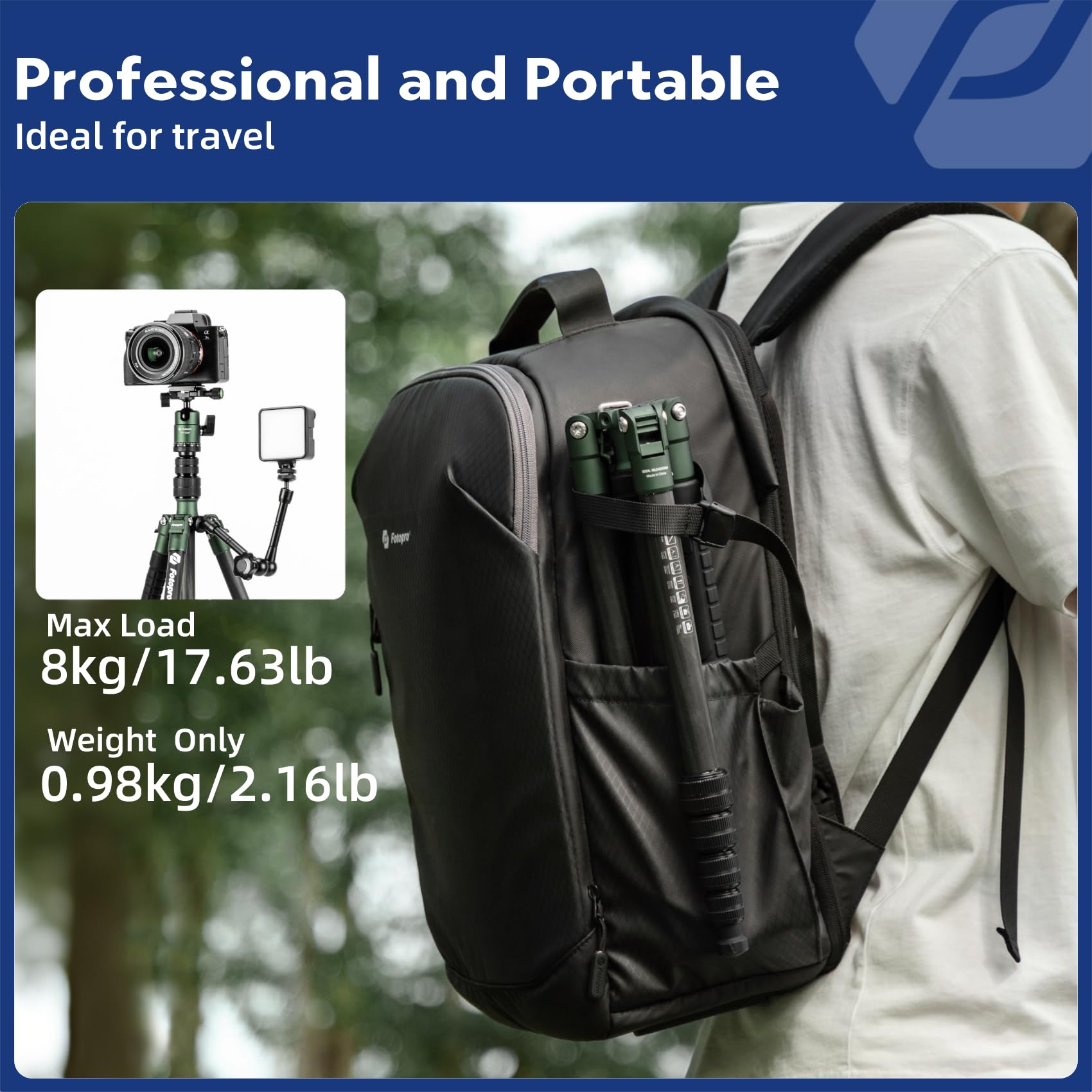 Fotopro - Trípode de viaje de fibra de carbono de 59 pulgadas, trípode de cámara compacto con cabeza de bola de metal, monopie desmontable con placa de liberación rápida y bolsa, carga hasta 8 kg