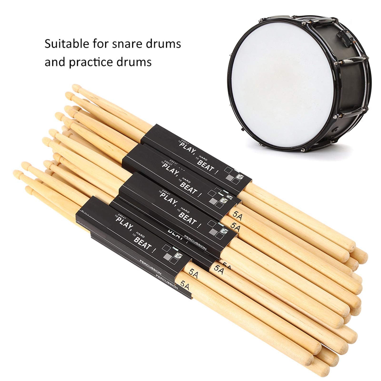 Aukson Baquetas para batería, 12 Pares de Baquetas con Cabeza de Palo en Forma de lágrima Baquetas de 5A para Practicar la interpretación en el Escenario