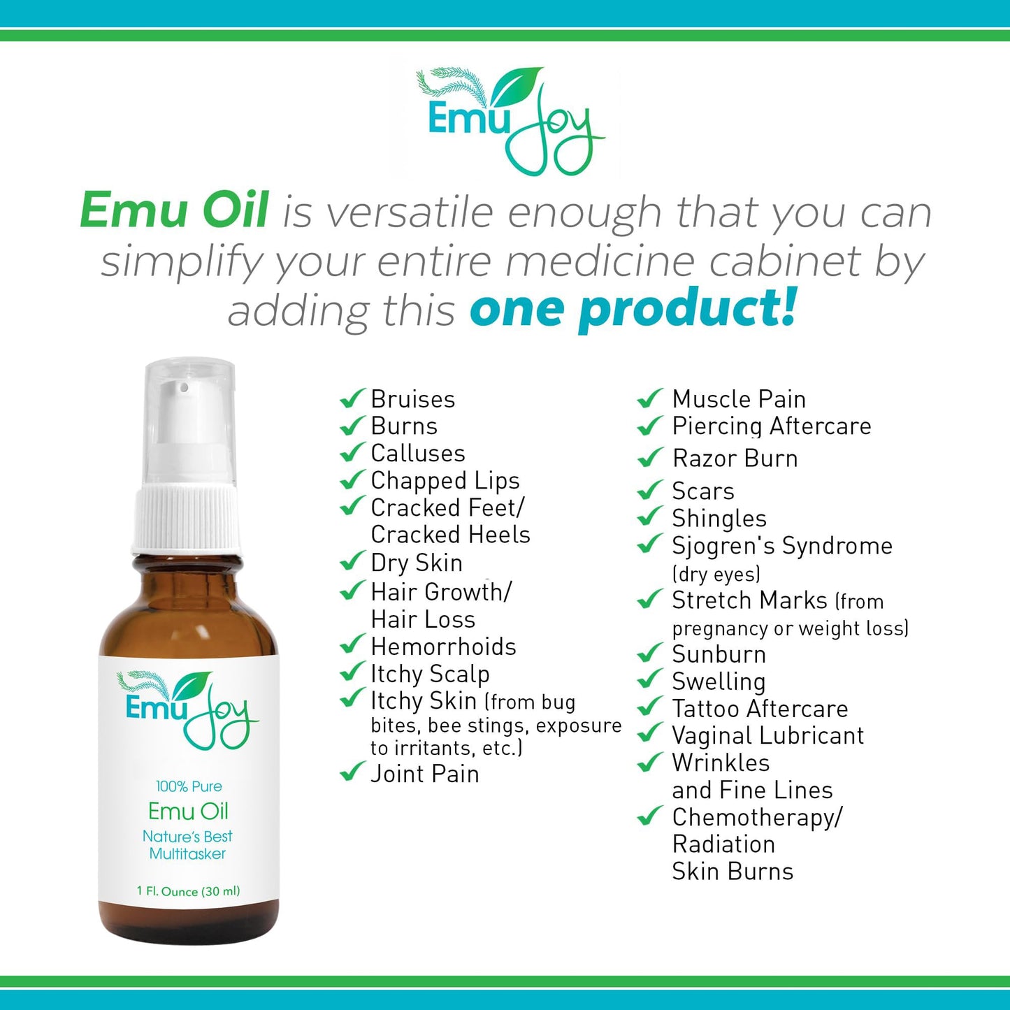 Pure Emu Oil by Emu Joy - Dry Skin Tattoo and Piercing Aftercare Hair Growth Burns Rash Pain Scars Stretch Marks Swelling Wrinkles Eczema Arthritis Pain No Odor AEA Certified Made in USA