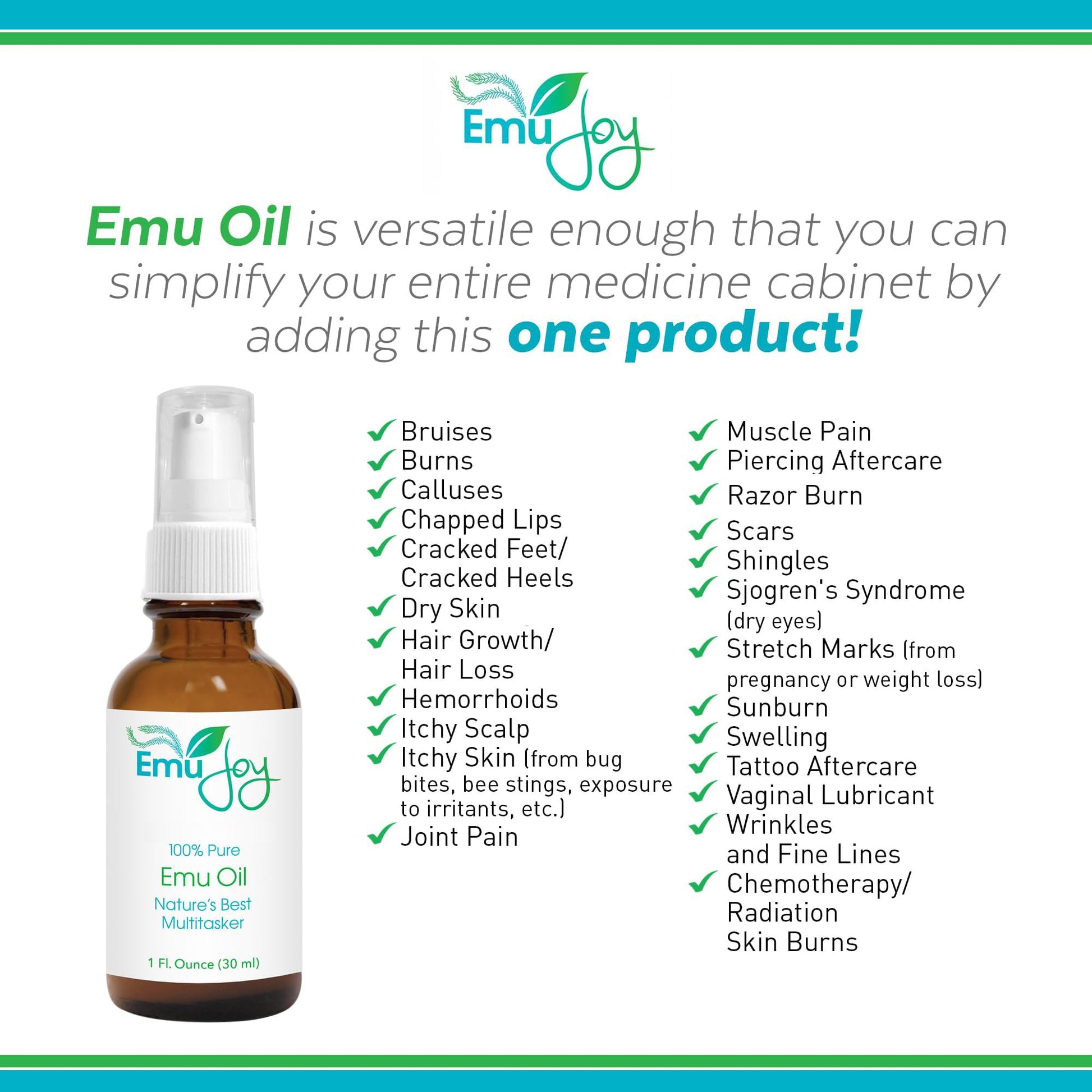 Pure Emu Oil by Emu Joy - Dry Skin Tattoo and Piercing Aftercare Hair Growth Burns Rash Pain Scars Stretch Marks Swelling Wrinkles Eczema Arthritis Pain No Odor AEA Certified Made in USA