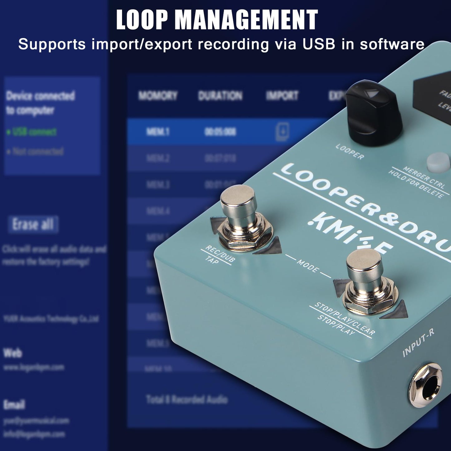 KMISE Loop Pedal & Drum Machine 2 en 1, pedal estéreo para guitarra con 100 estilos de ranuras de tambor, 40 ranuras 160 minutos de capacidad de grabación de looper compatible con