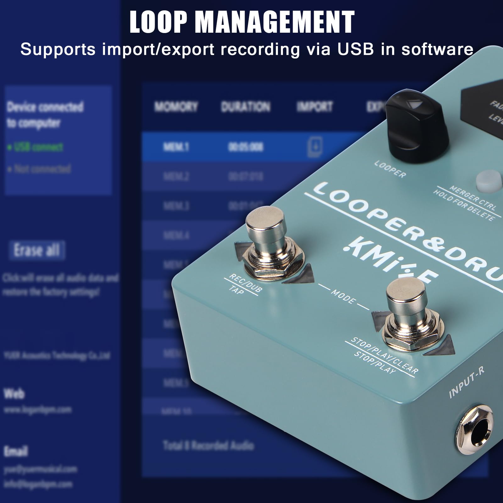 KMISE Loop Pedal & Drum Machine 2 en 1, pedal estéreo para guitarra con 100 estilos de ranuras de tambor, 40 ranuras 160 minutos de capacidad de grabación de looper compatible con