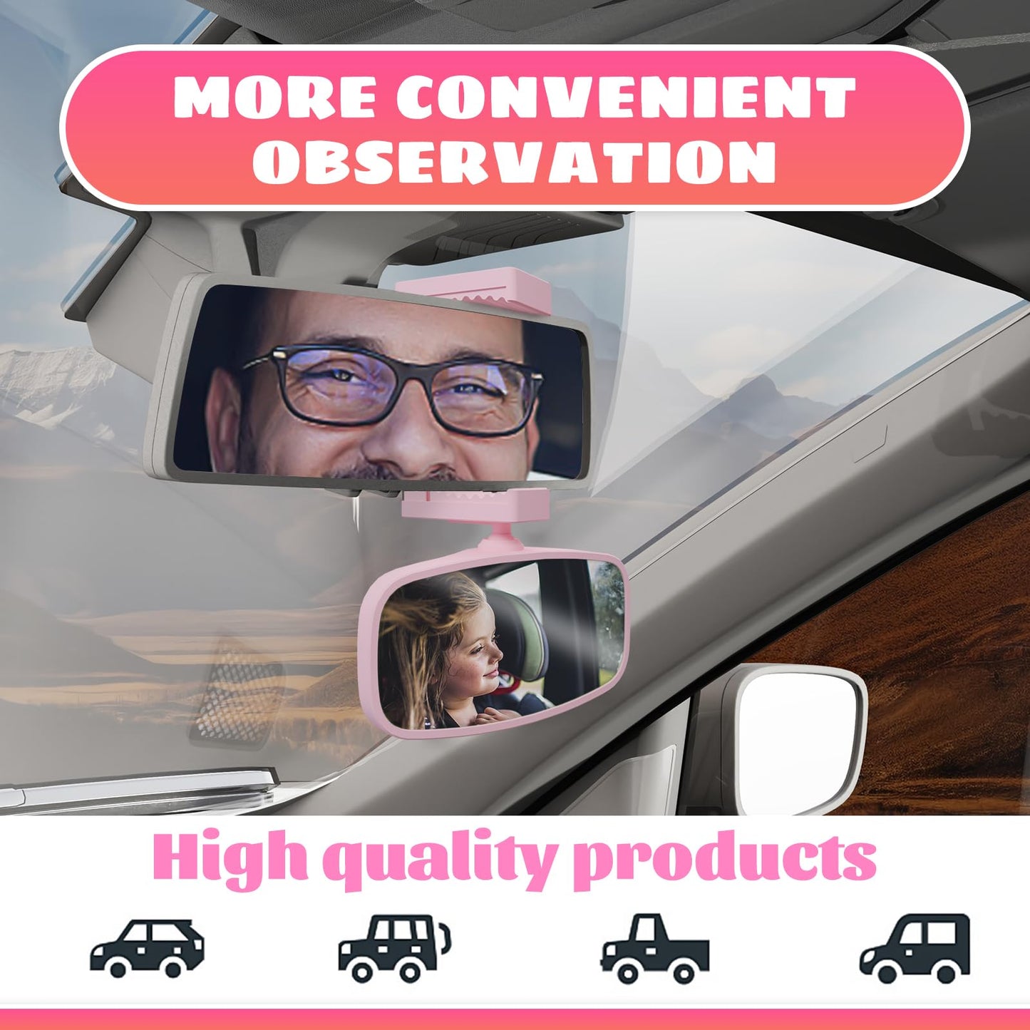 KERHAND - Espejo de coche de bebé de 360 grados para asientos traseros, espejos de seguridad para niños con instalación sin herramientas, espejo retrovisor para niños, sin BPA, inastillable y