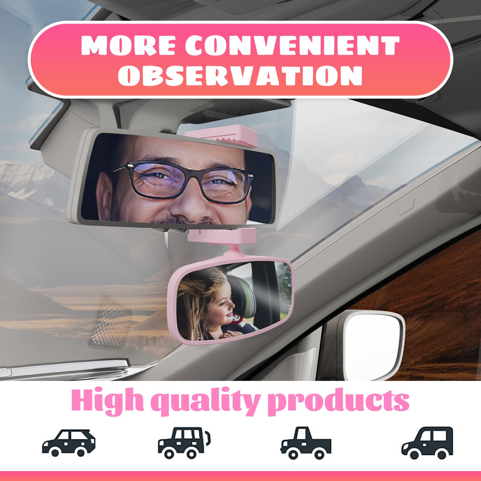 KERHAND - Espejo de coche de bebé de 360 grados para asientos traseros, espejos de seguridad para niños con instalación sin herramientas, espejo retrovisor para niños, sin BPA, inastillable y