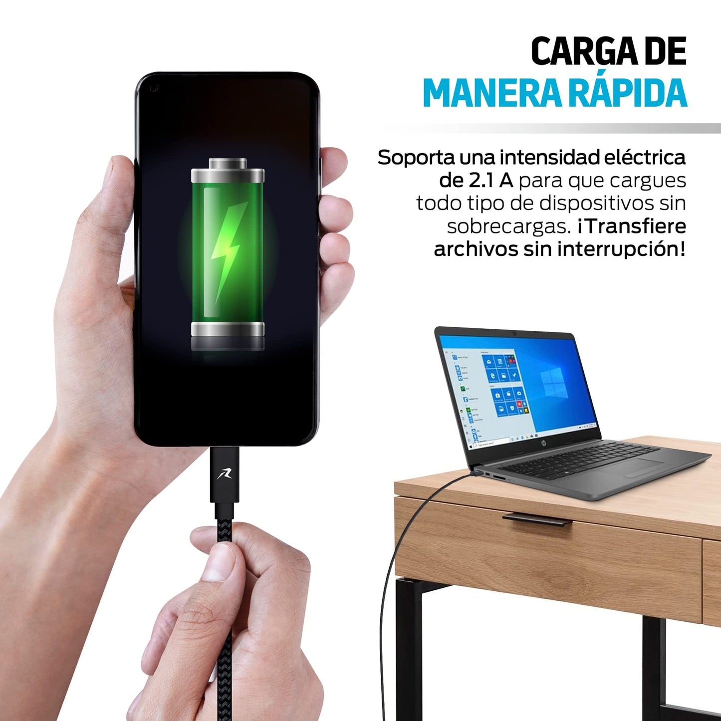 Cable USB C Redlemon Gris Resistente de 3 Metros Compatible con Dispositivos de Carga Rápida