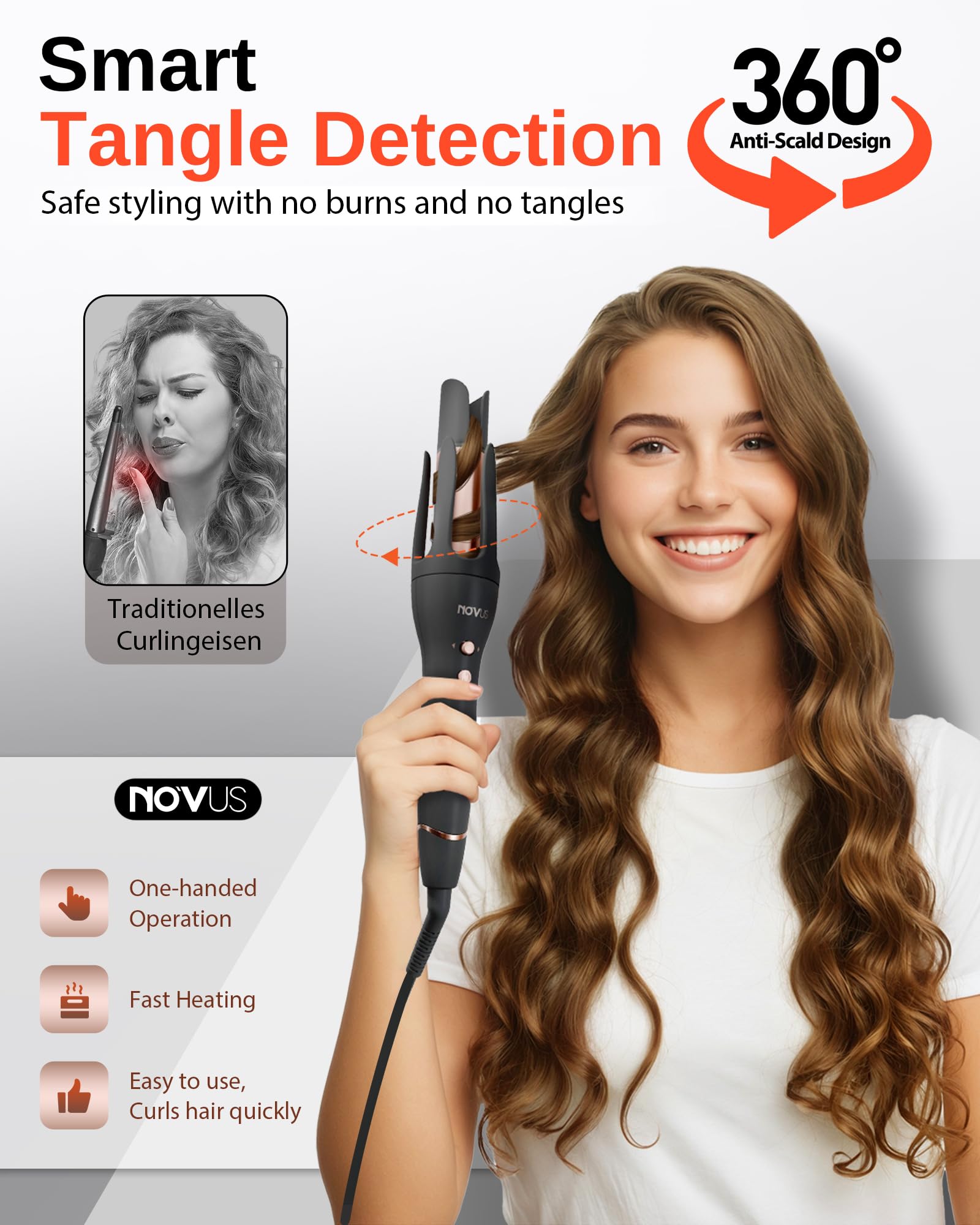 NOVUS Rizador Automático Antiquemaduras, Rizador Giratorio, Rizador De Cerámica, Dirección Ajustable Con Varita De Rizado Automático, Recordatorio De Tiempo, Apagado Automático De 30 Minutos, 3 Ajuste