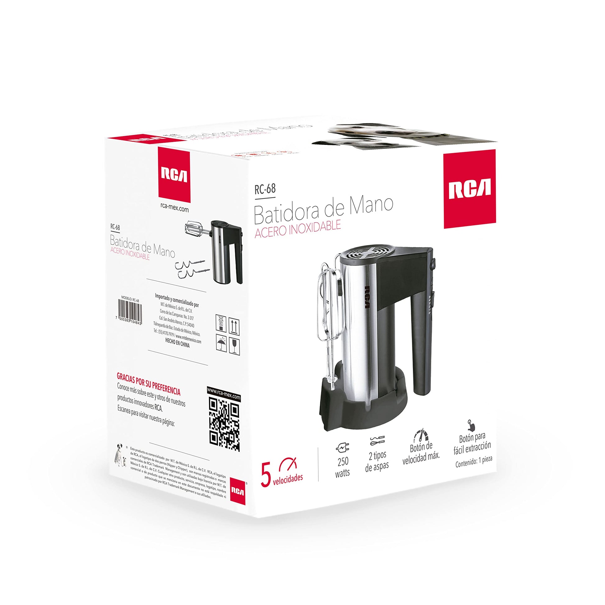 Batidora de Mano RCA, con 5 Velocidades, 2 Tipos de Aspas, Botón de Velocidad Máxima,Fácil Extracción y Limpieza,Accesorios Metálicos Incluuidos,Potente y Versátil para Repostería y Cocina, gris,RC-68
