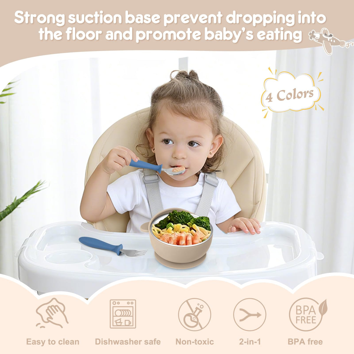 Wesketch - Juego de 4 cuencos de acero inoxidable con succión, cuencos para niños pequeños con carcasa de silicona extraíble para niños, juego de alimentación antideslizante para bebés, apto para
