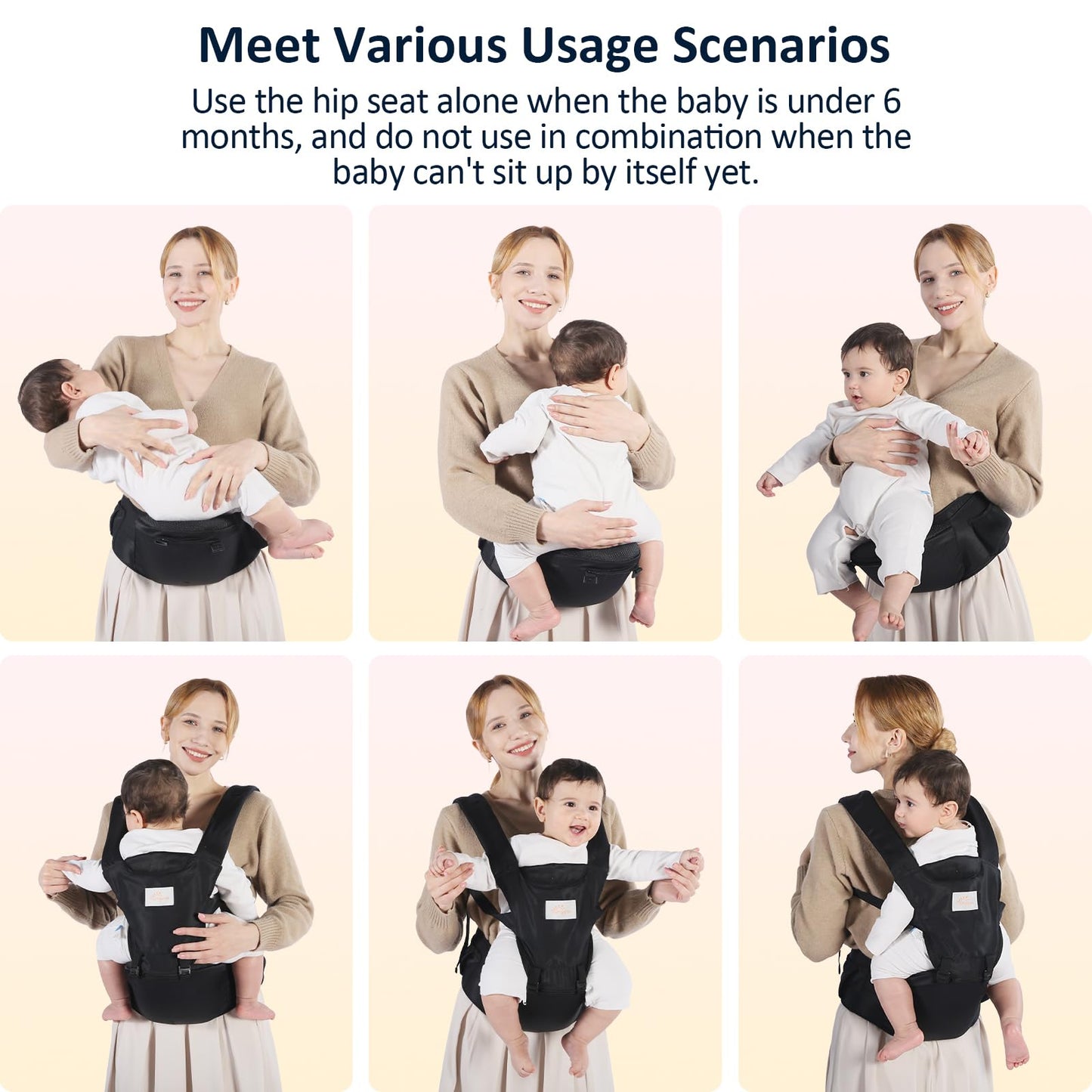 Mumgaroo - Portabebés 6 en 1 con asiento de cadera, ergonómico y suave (negro)