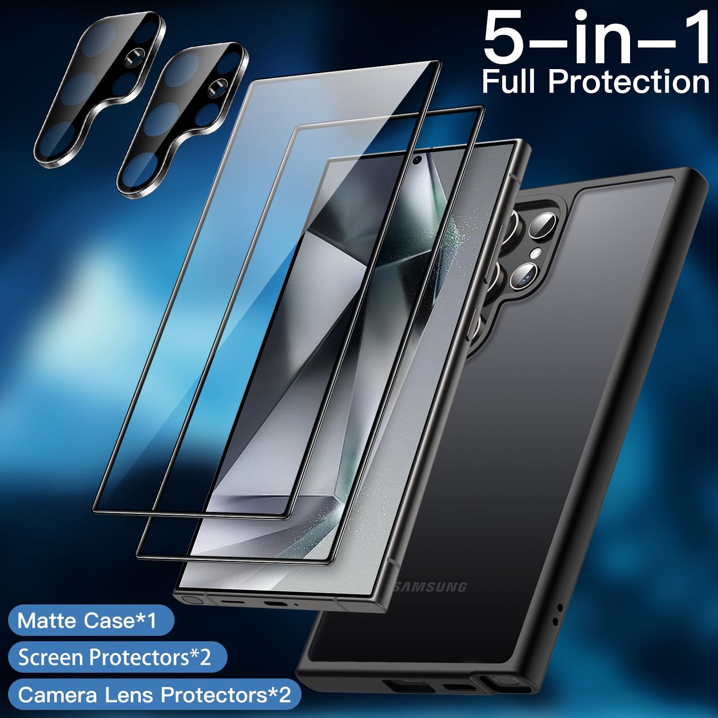JETech 5 en 1 Funda Mate para Samsung Galaxy S24 Ultra 5G con 2 Protector Pantalla y 2 Protector Lente Cámara, Carcasa Trasera Protectora Translúcida, Cristal Vidrio Templado (Negro)