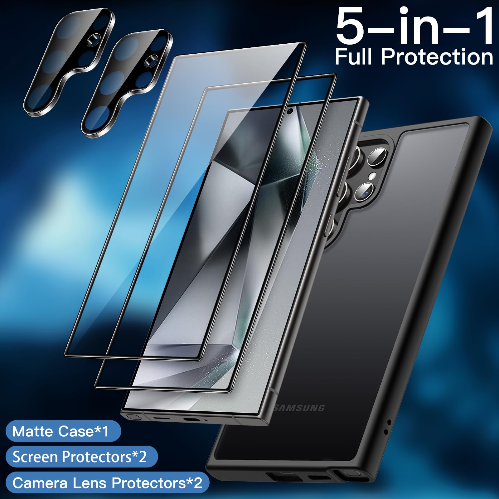 JETech 5 en 1 Funda Mate para Samsung Galaxy S24 Ultra 5G con 2 Protector Pantalla y 2 Protector Lente Cámara, Carcasa Trasera Protectora Translúcida, Cristal Vidrio Templado (Negro)