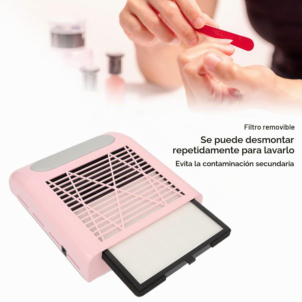 Colector de Polvo Fockety Rosa con Potente Ventilador de Vacío de 80 W y Filtro Reutilizable para Uñas Acrílicas