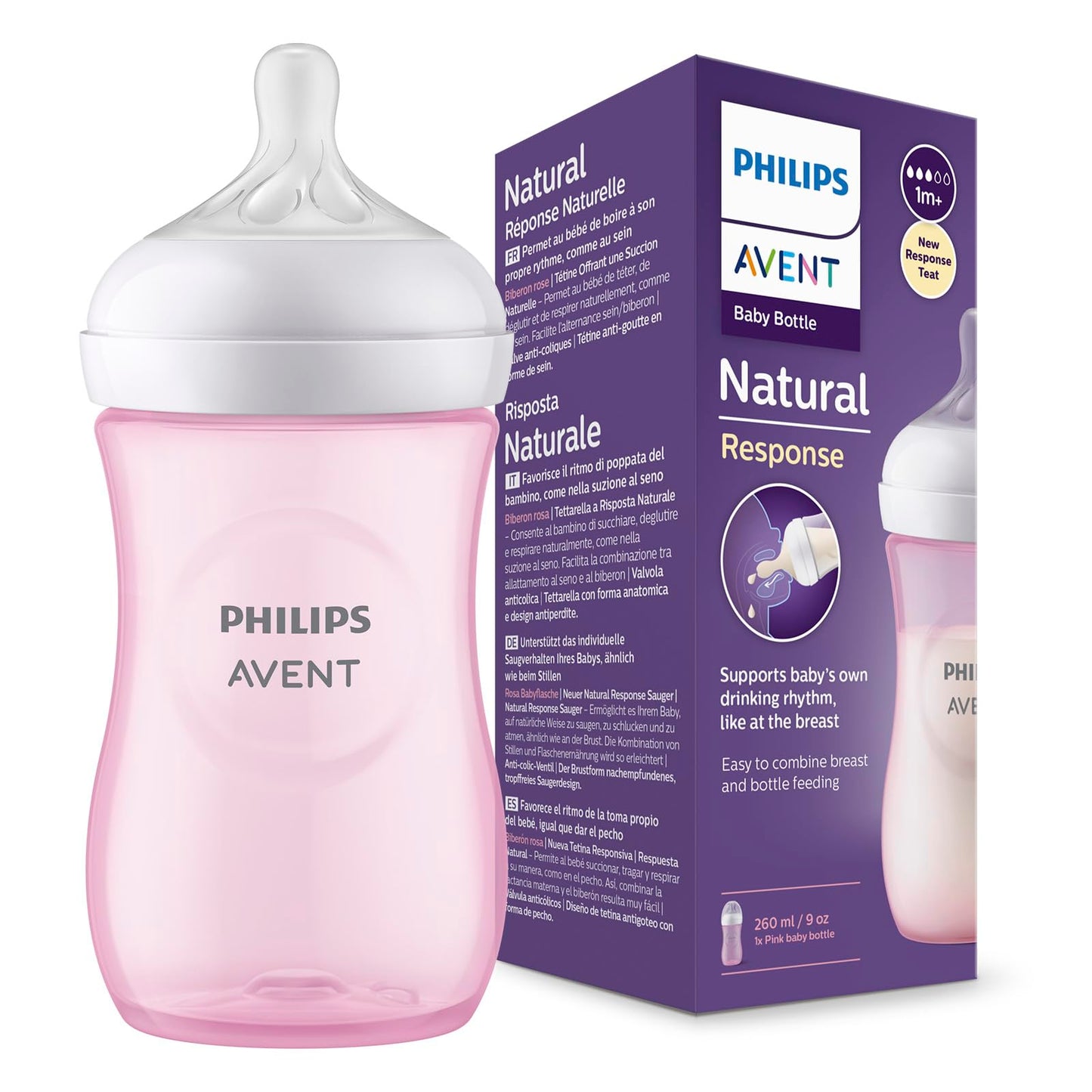 Biberón Natural Response Philips Avent Rosa con Válvula Anticólicos 9 oz Flujo Medio