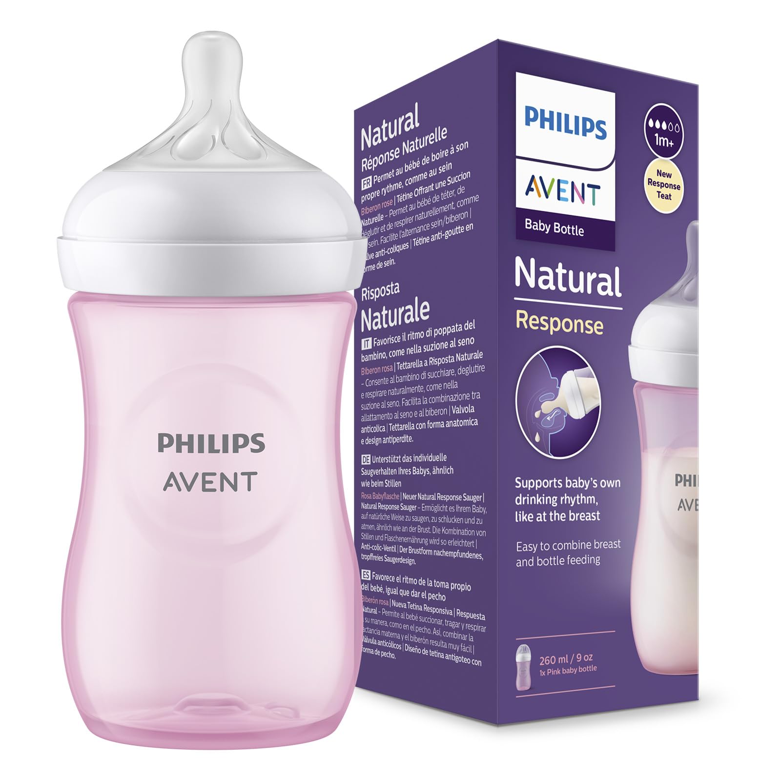 Biberón Natural Response Philips Avent Rosa con Válvula Anticólicos 9 oz Flujo Medio