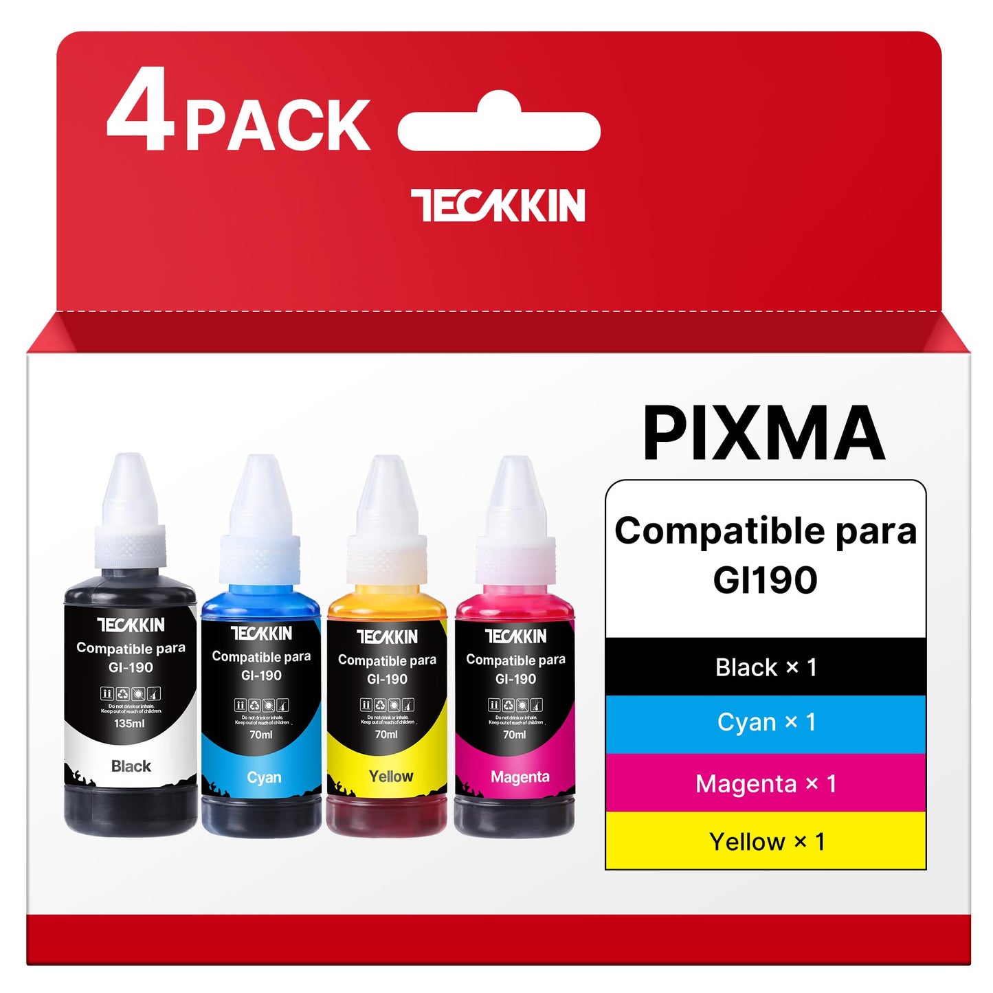 Botella de Tinta TECKKIN Reemplazo Compatible para Canon PIXMA G1100 G1110 G2100 G3100 G3102 G3110 G4102 G4110 4 Botellas