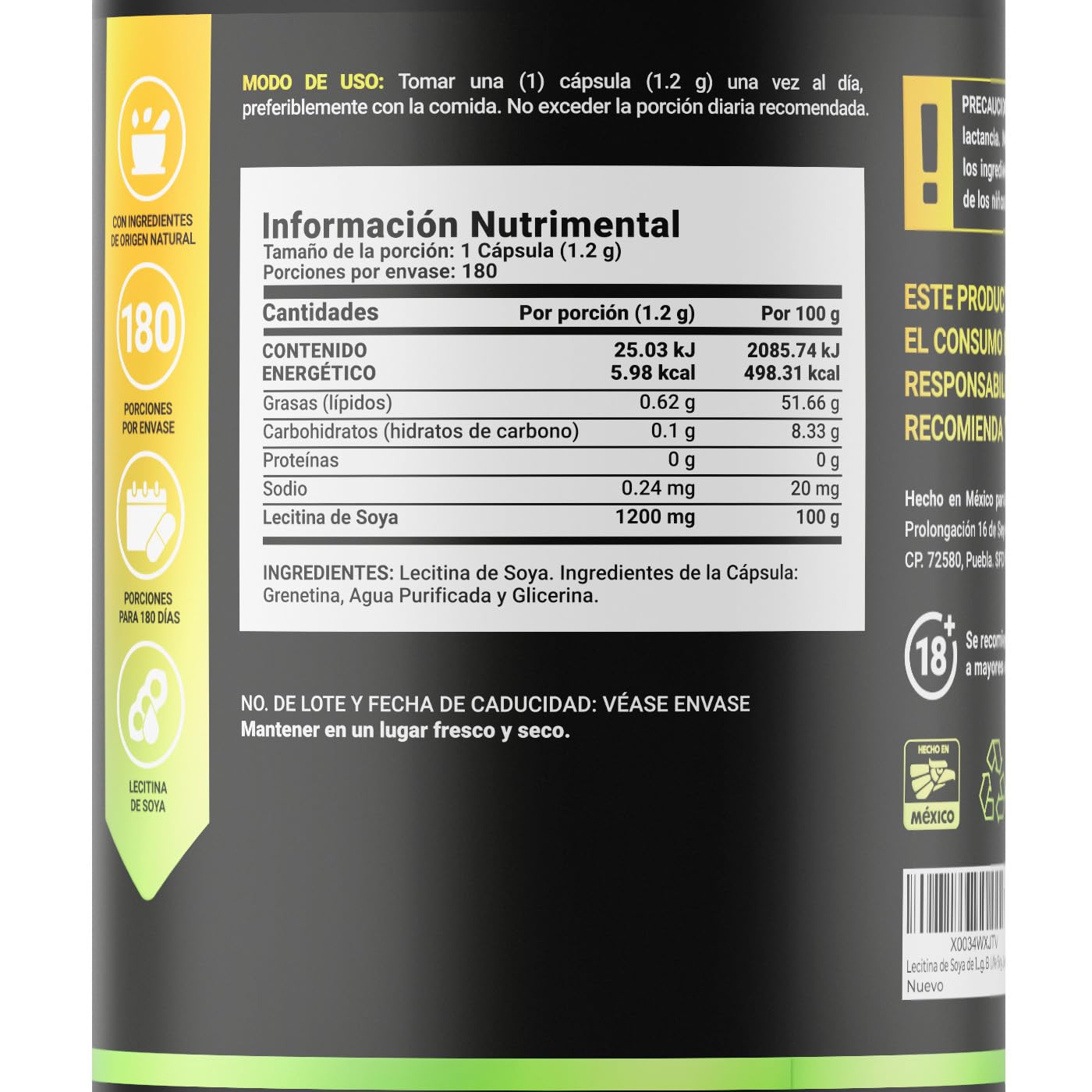 Lecitina de Soya de 180 Cápsulas blandas de 1200 mg. Ingredientes naturales. Soy Lecithin B Life.