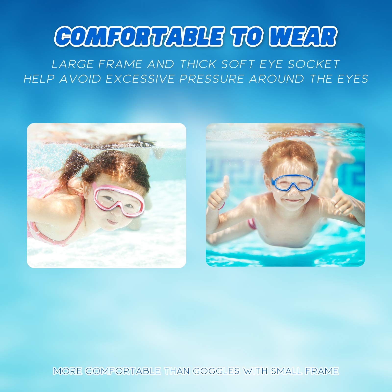 KAILIMENG - Gafas de natación para niños, visión amplia, sin fugas, antiniebla, protección UV, con clip para la nariz y tapones, para los oídos para niños de 3 a 15 años (Azul y morado, 2 unidades)